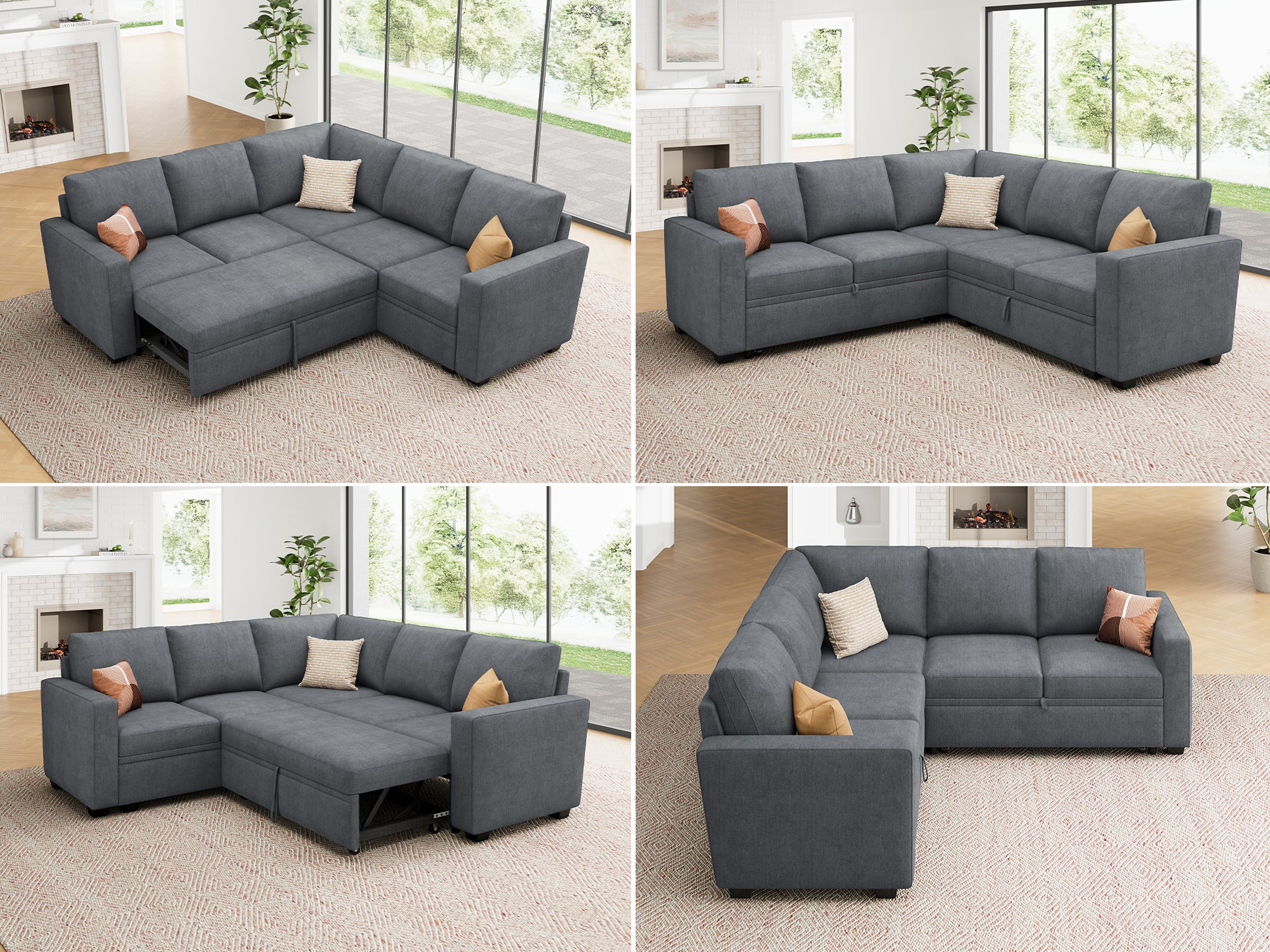 HONBAY 5-Piece Polyester Modular Sleeper Sectional With Storage Space #Color_Bluish Grey