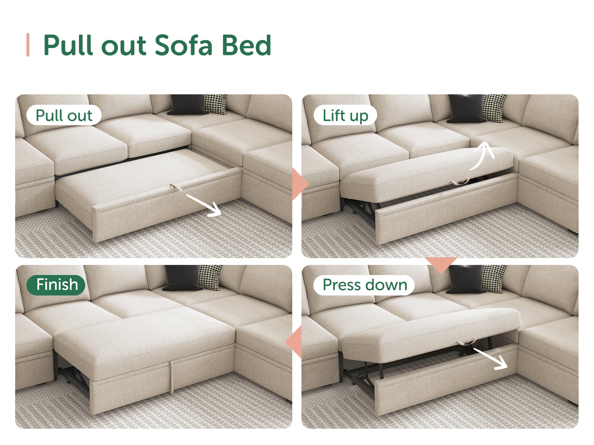 HONBAY Sleep Modular Sofa 8-Seat Sofa Bed with 2-Storage Space #Color_Beige