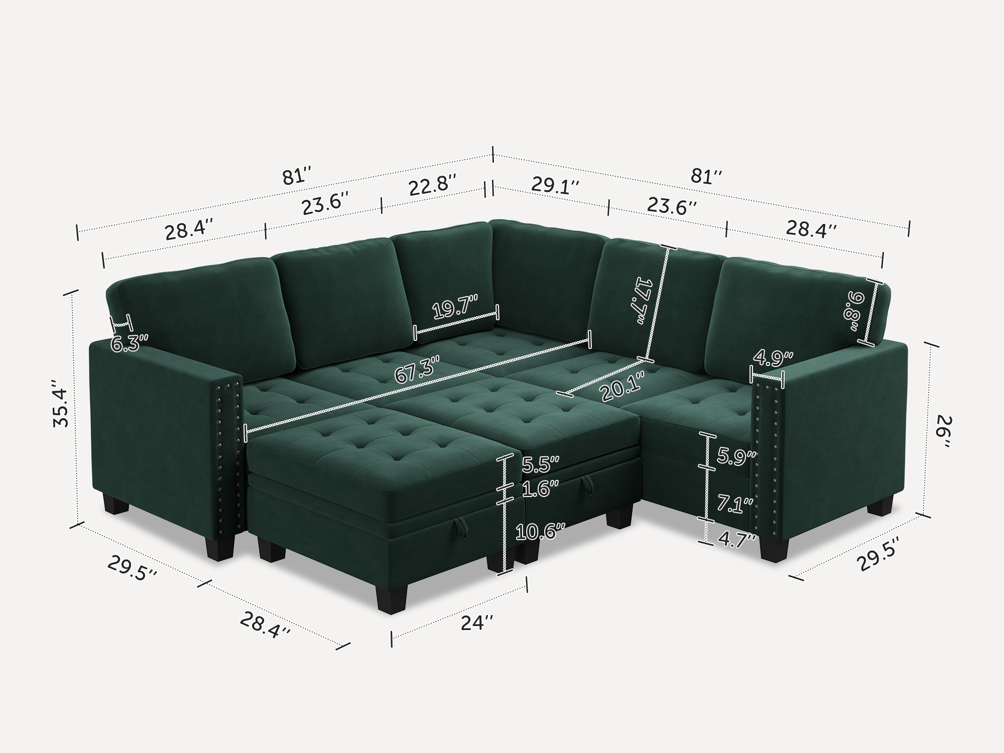 HONBAY 7-Piece Velvet Modular Sleeper Sectional With Storage Space