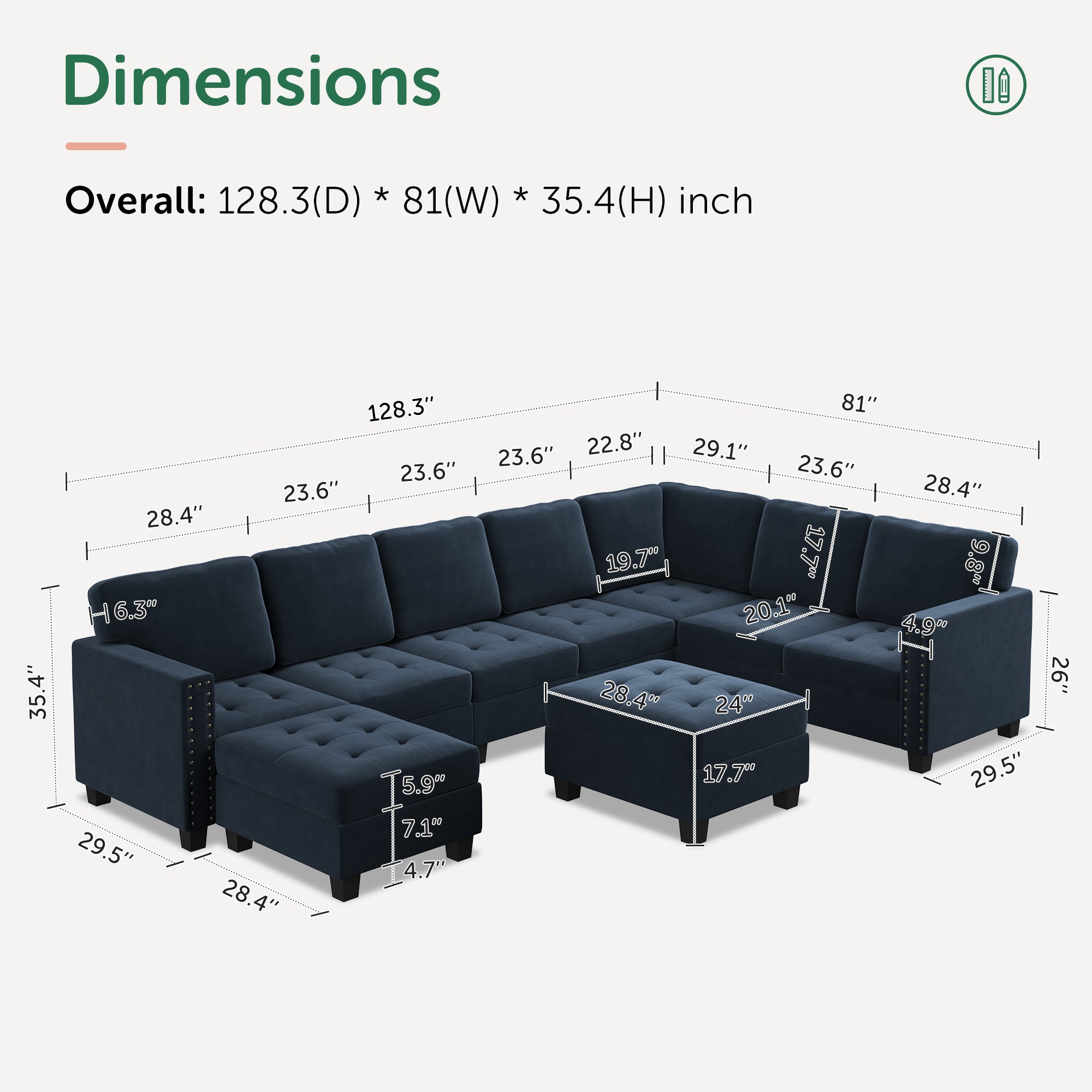 Velvet Modular Sectional With Tray Ottoman With Measurements