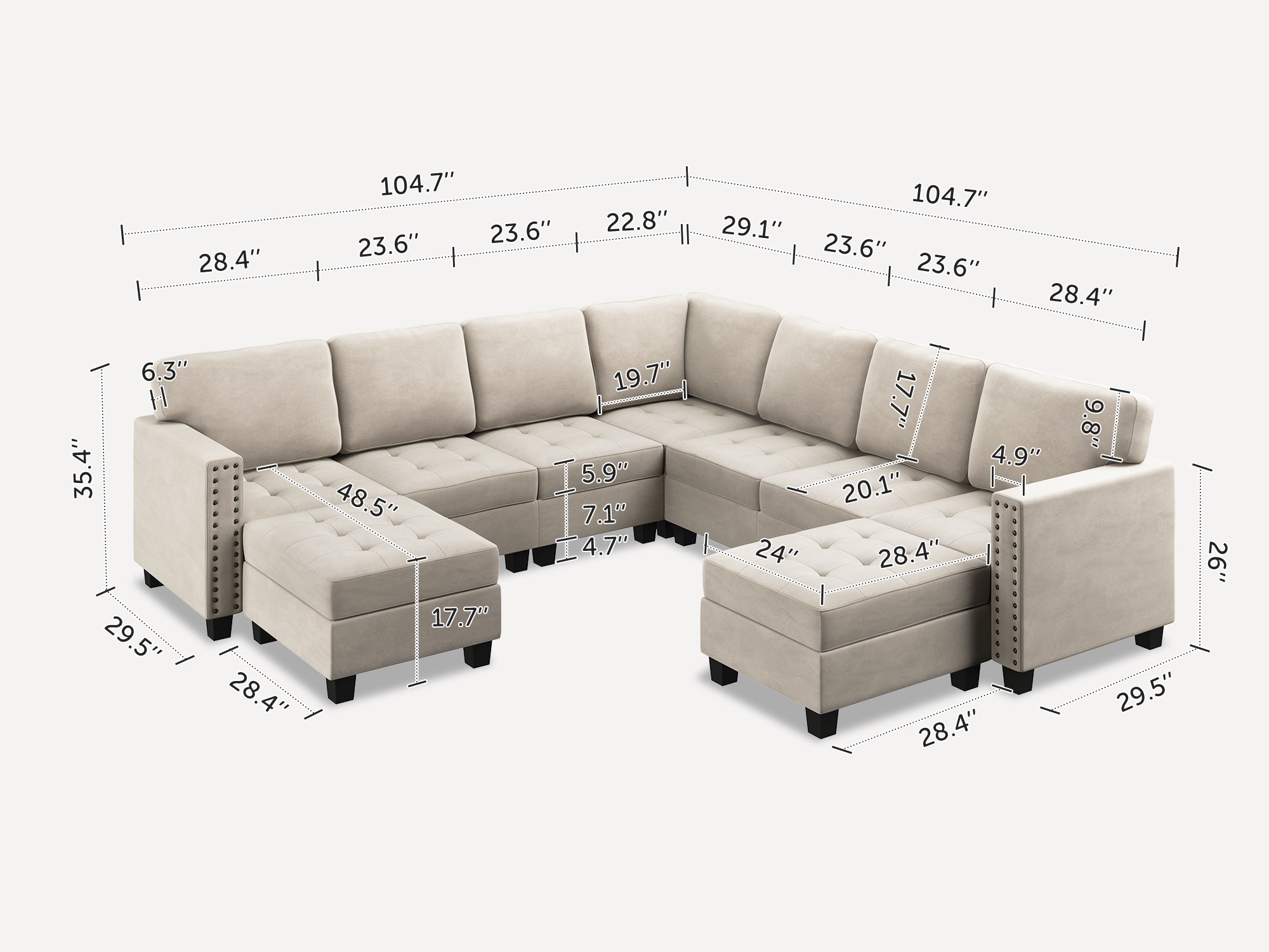 9-Piece Velvet Modular Sectional With Tray Ottoman With Dimensions