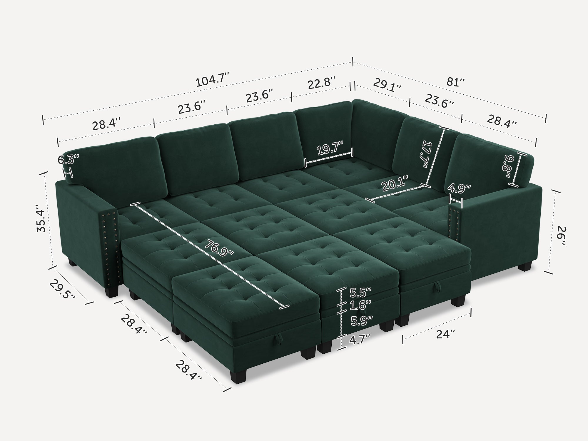 HONBAY 12-Piece Velvet Modular Sleeper Sectional With Storage Space