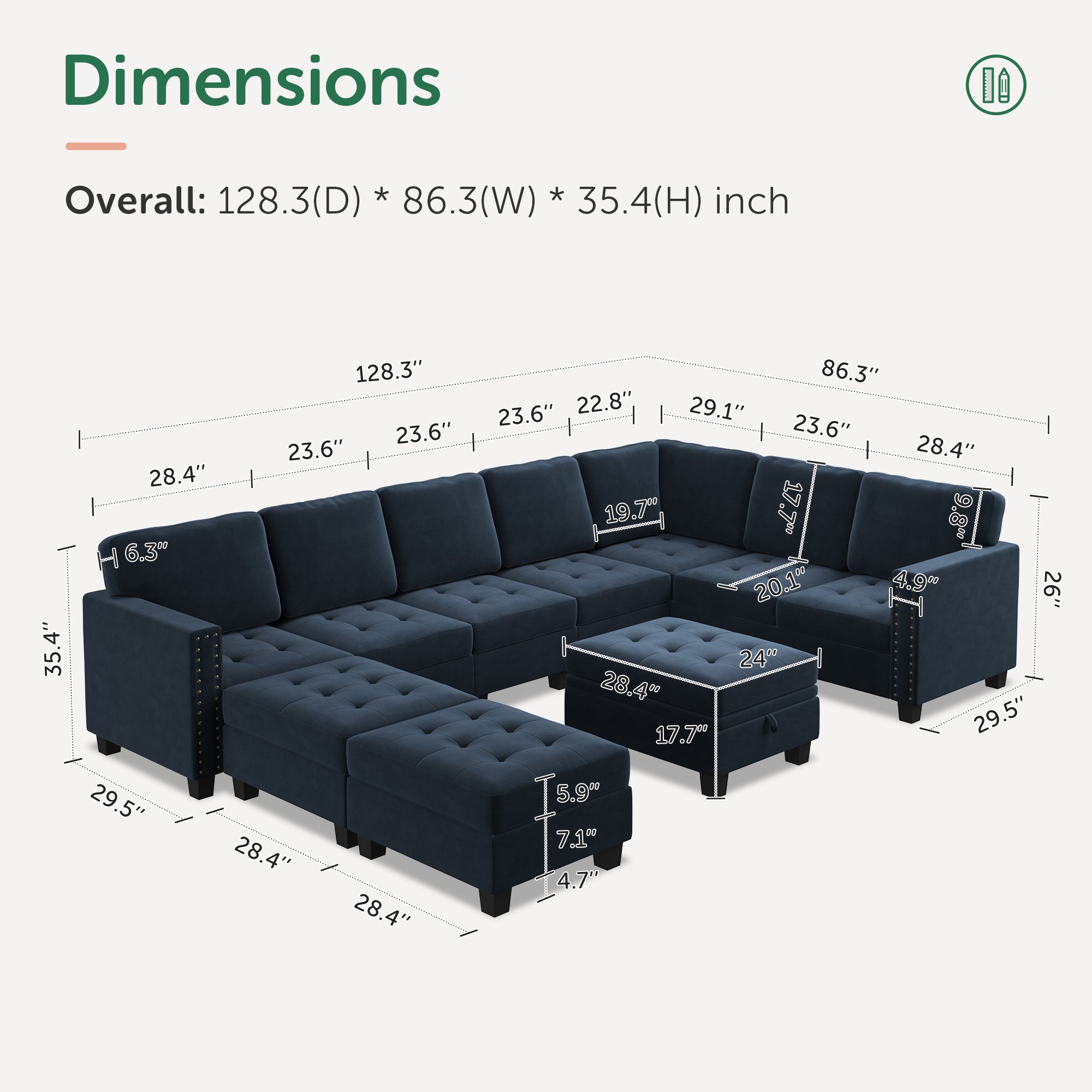 Velvet Modular Sectional With Storage Ottoman With Measurements