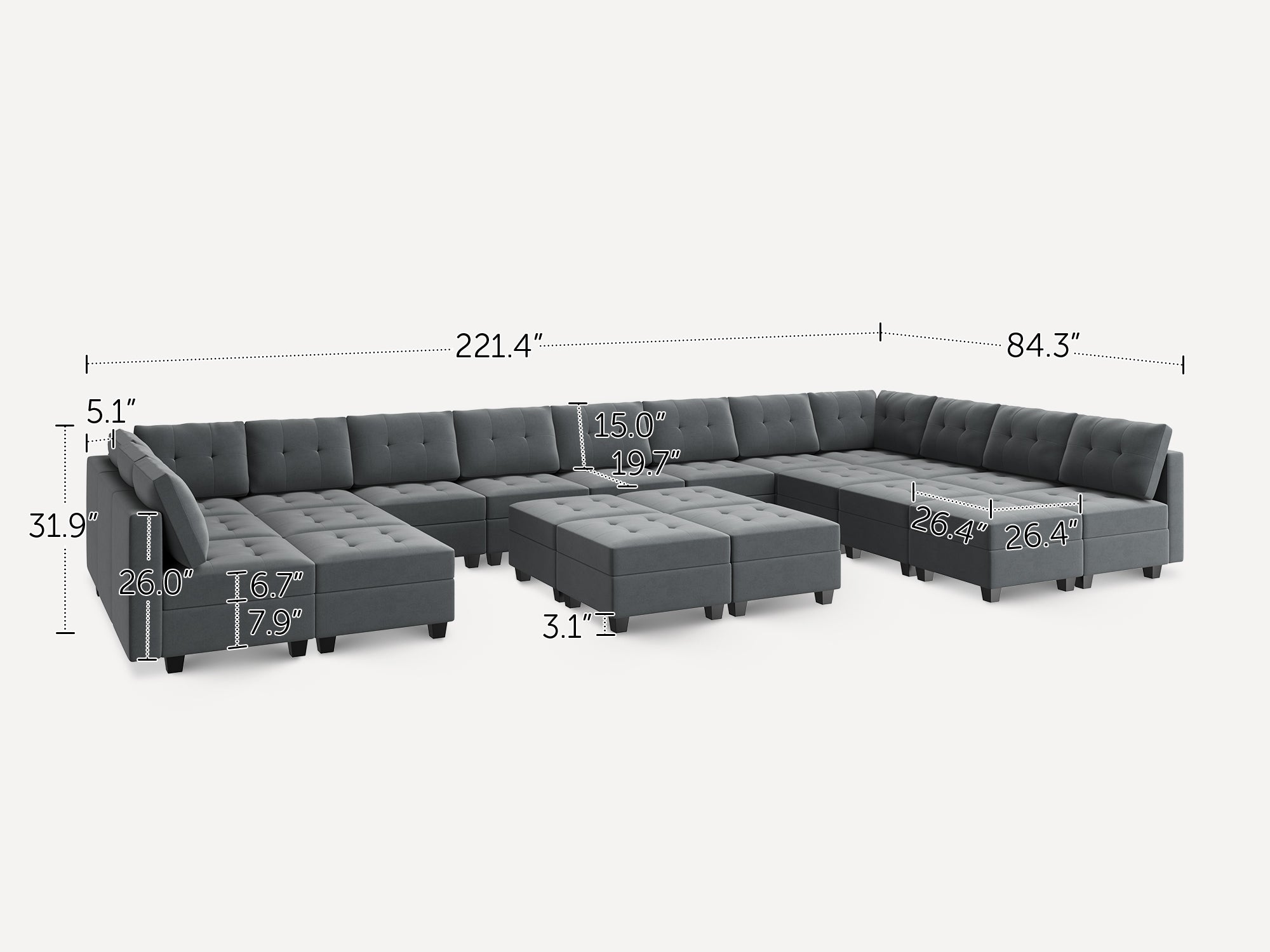 HONBAY 22-Piece Velvet Modular Sleeper Sectional With Storage Seat