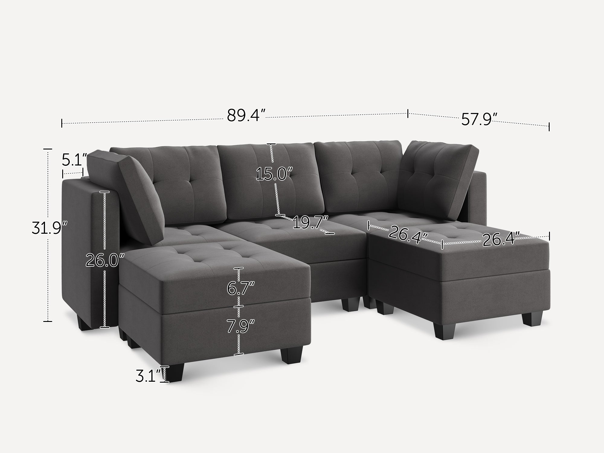 HONBAY 5-Piece Velvet Modular Sectional With Storage Seat