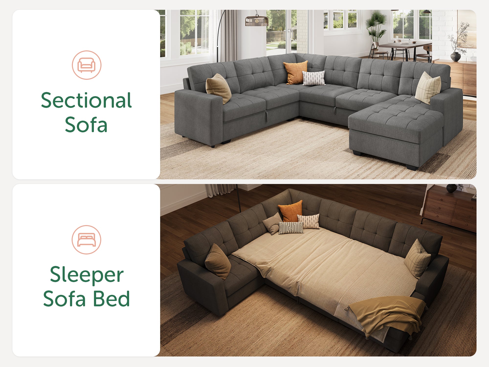 HONBAY 6-Piece Polyester Sleeper Sectional Sofa With Storage Space