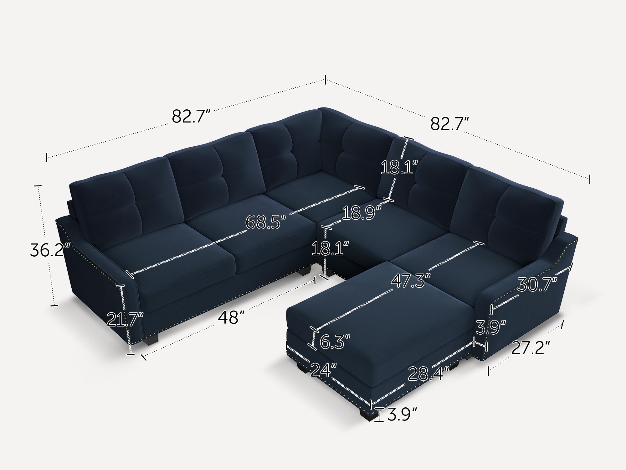 6-Piece Velvet Convertible Sectional With Tray Ottoman With Dimensions