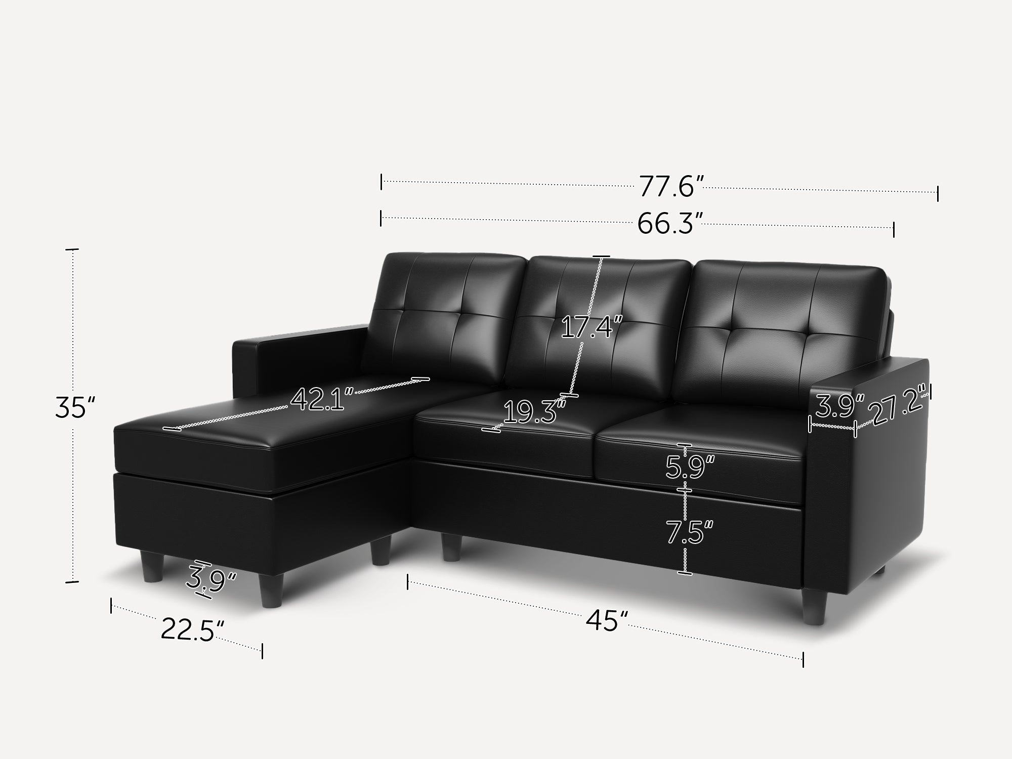 3-Piece Faux Leather Convertible Sectional With Dimensions
