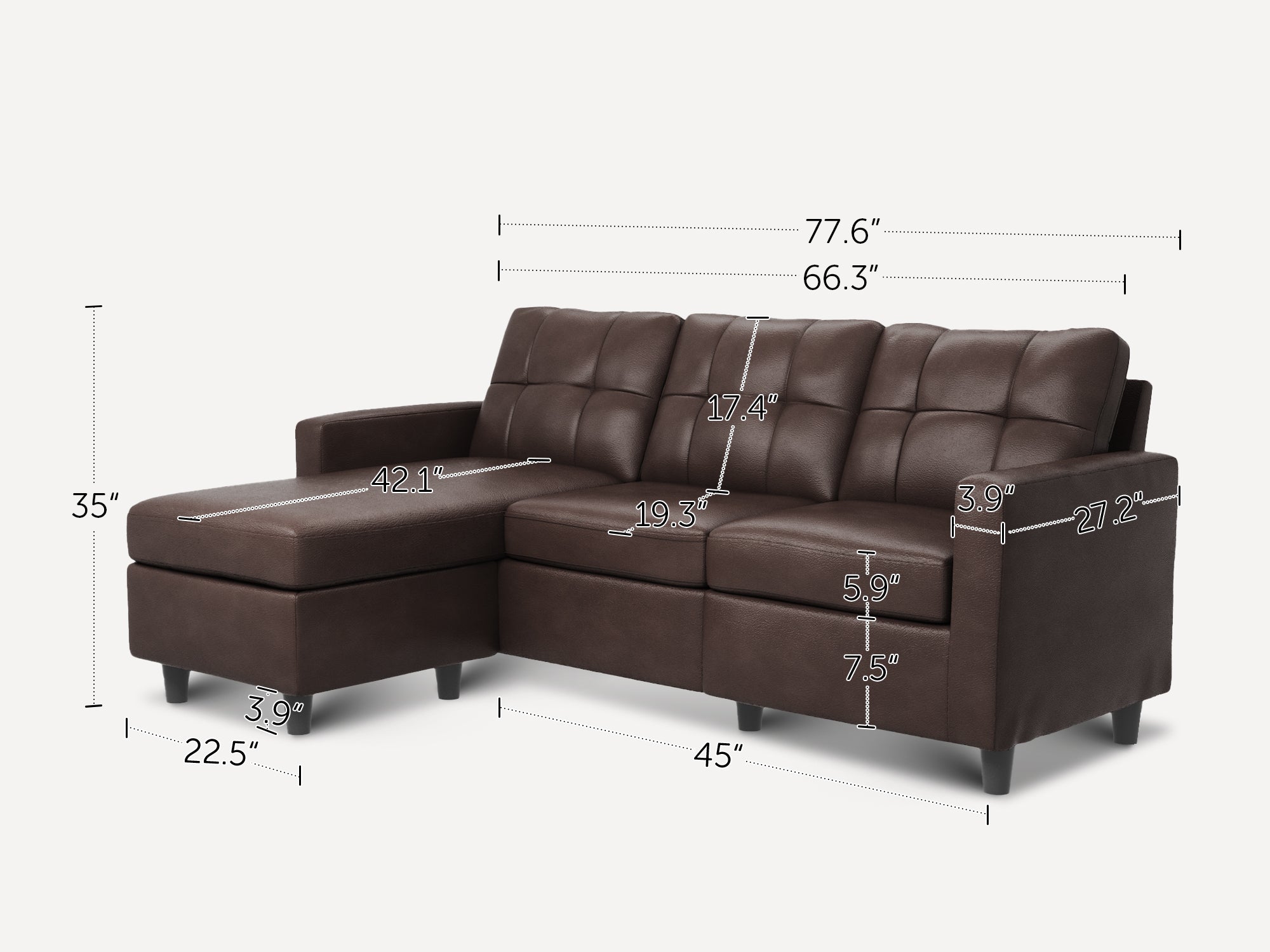 HONBAY 3-Piece Faux Leather Convertible Sectional Sofa