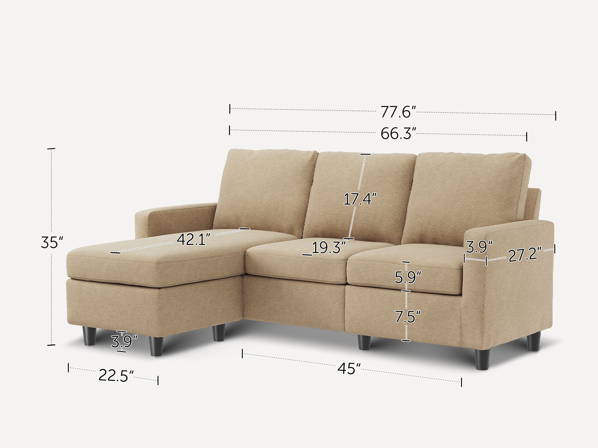 3-Piece Polyester Convertible Sectional With Dimensions