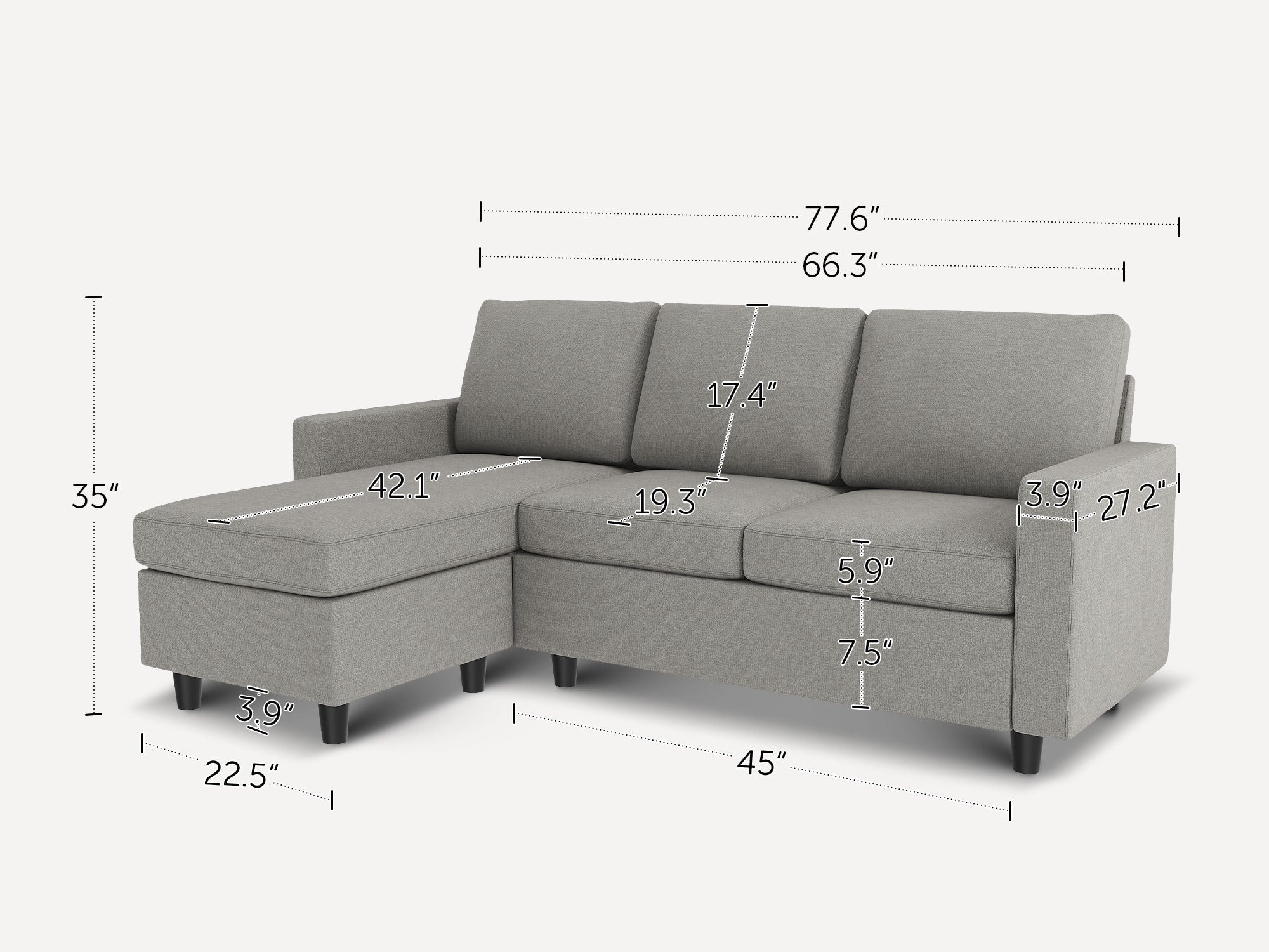 3-Piece Polyester Convertible Sectional With Dimensions