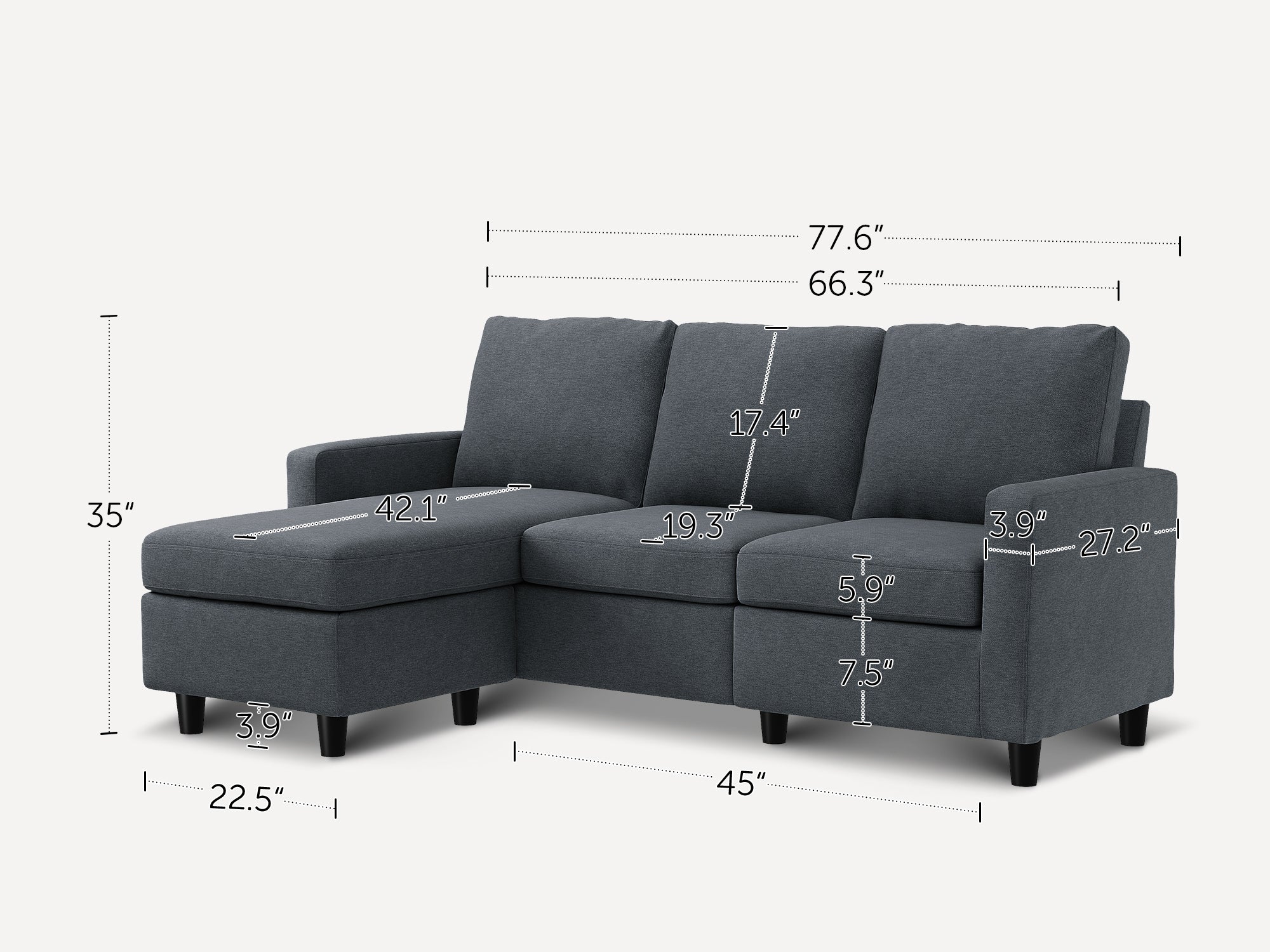 3-Piece Polyester Convertible Sectional With Dimensions