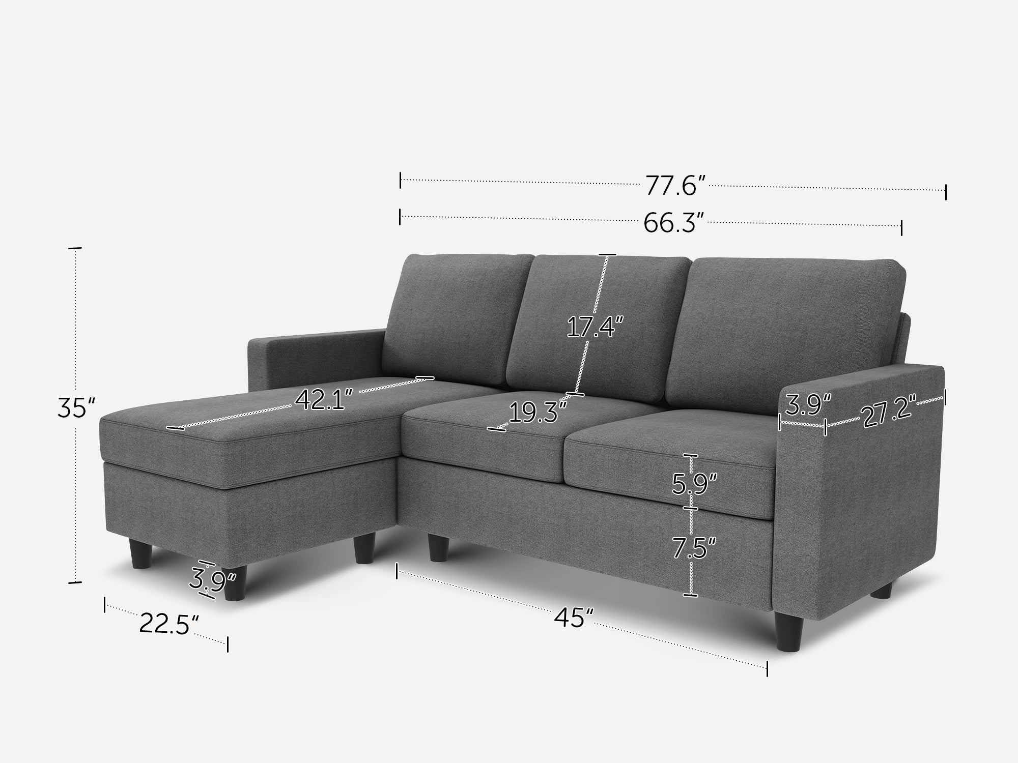 3-Piece Polyester Convertible Sectional With Dimensions