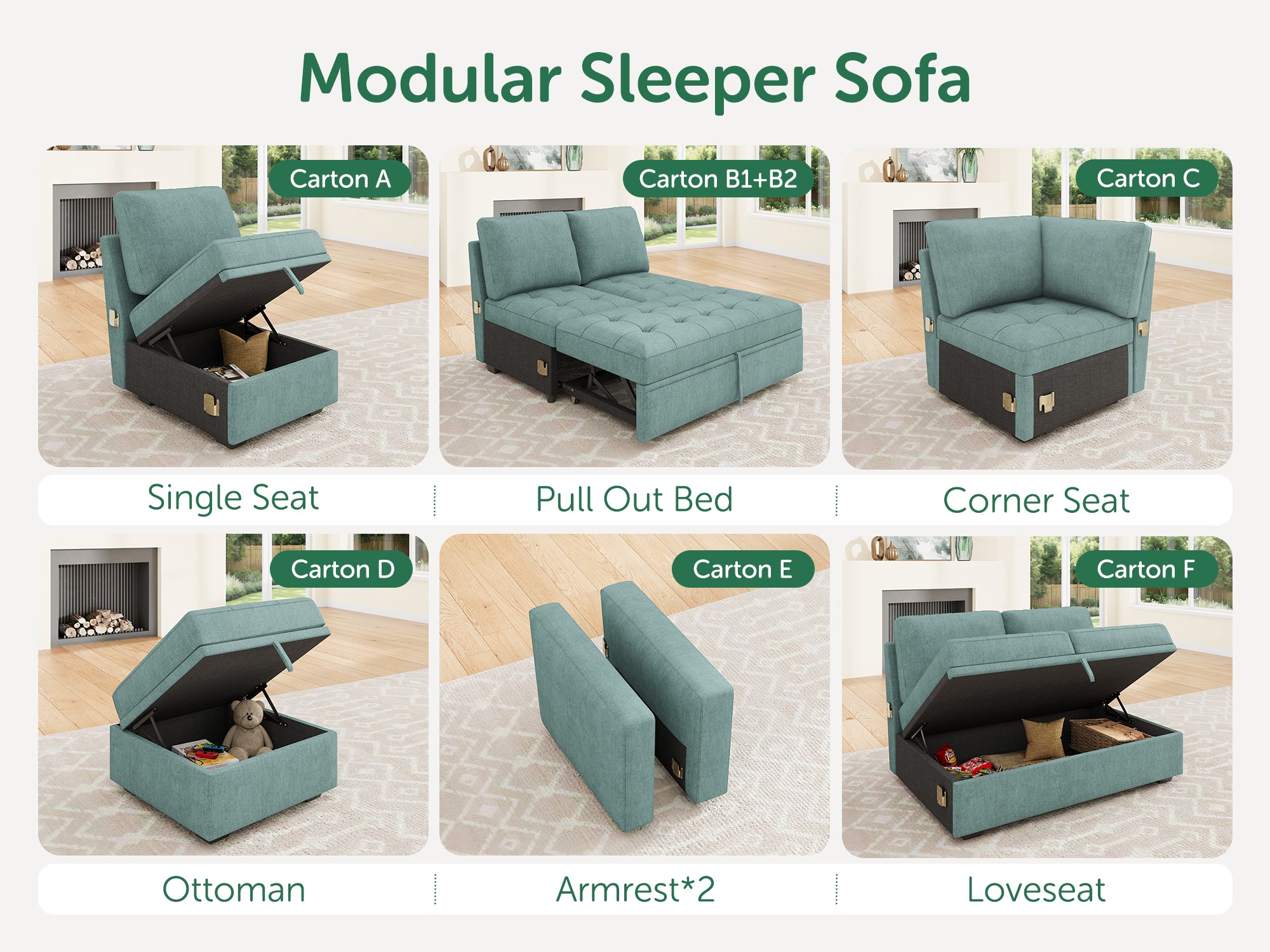 HONBAY 1 Piece Modular Sectional Sofa Pull Out Bed