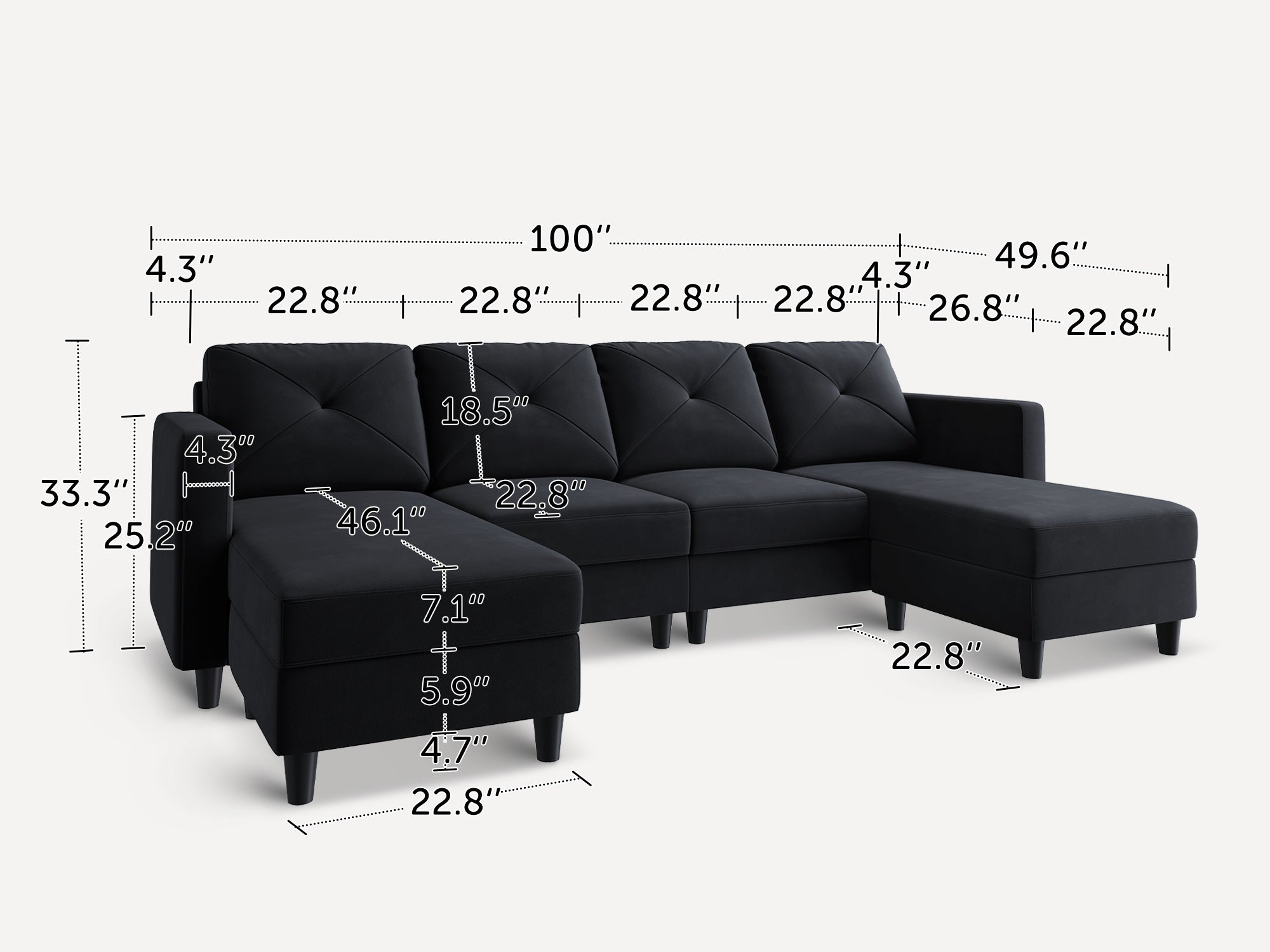 4-Piece Velvet Convertible Sectional With Dimensions