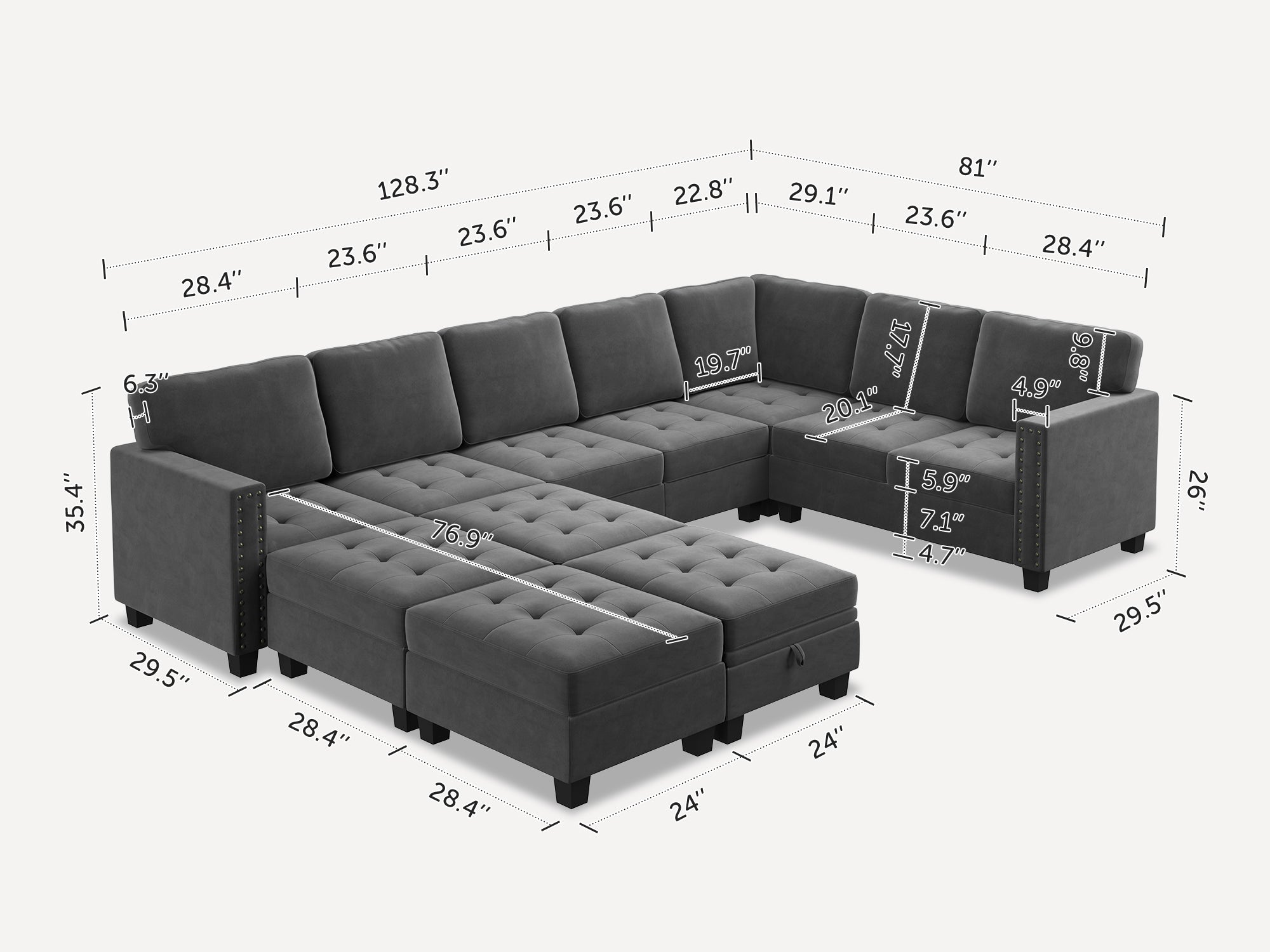 HONBAY 11-Piece Velvet Modular Sleeper Sectional With Storage Space