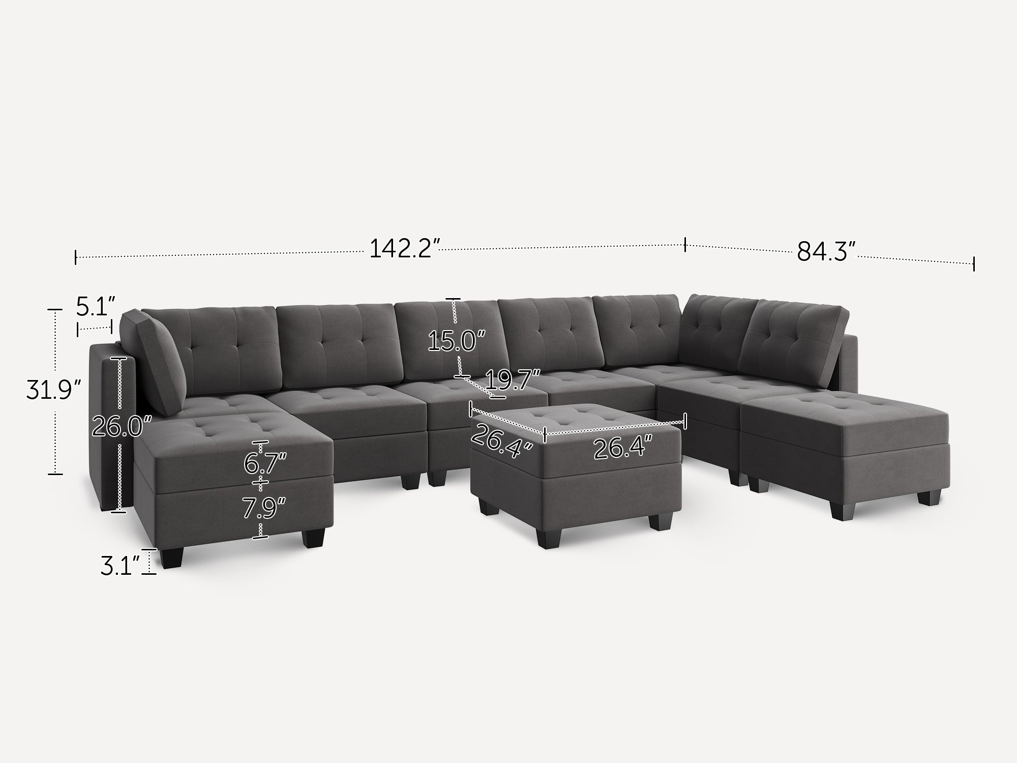 HONBAY 9-Piece Velvet Modular Sectional Sofa With Storage Seat