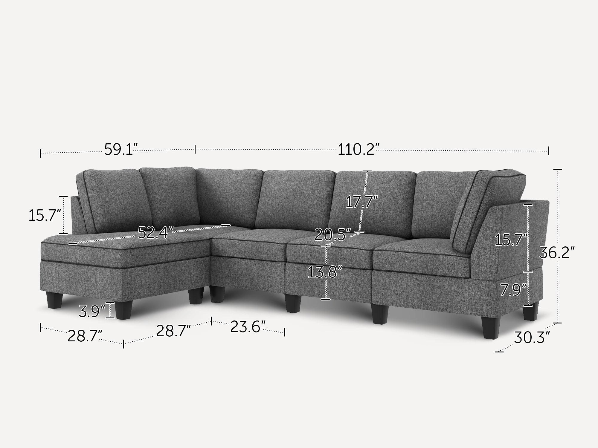 4-Seat L-Shaped Sectional Corner Sofa with Reversible Chaise With Dimensions
