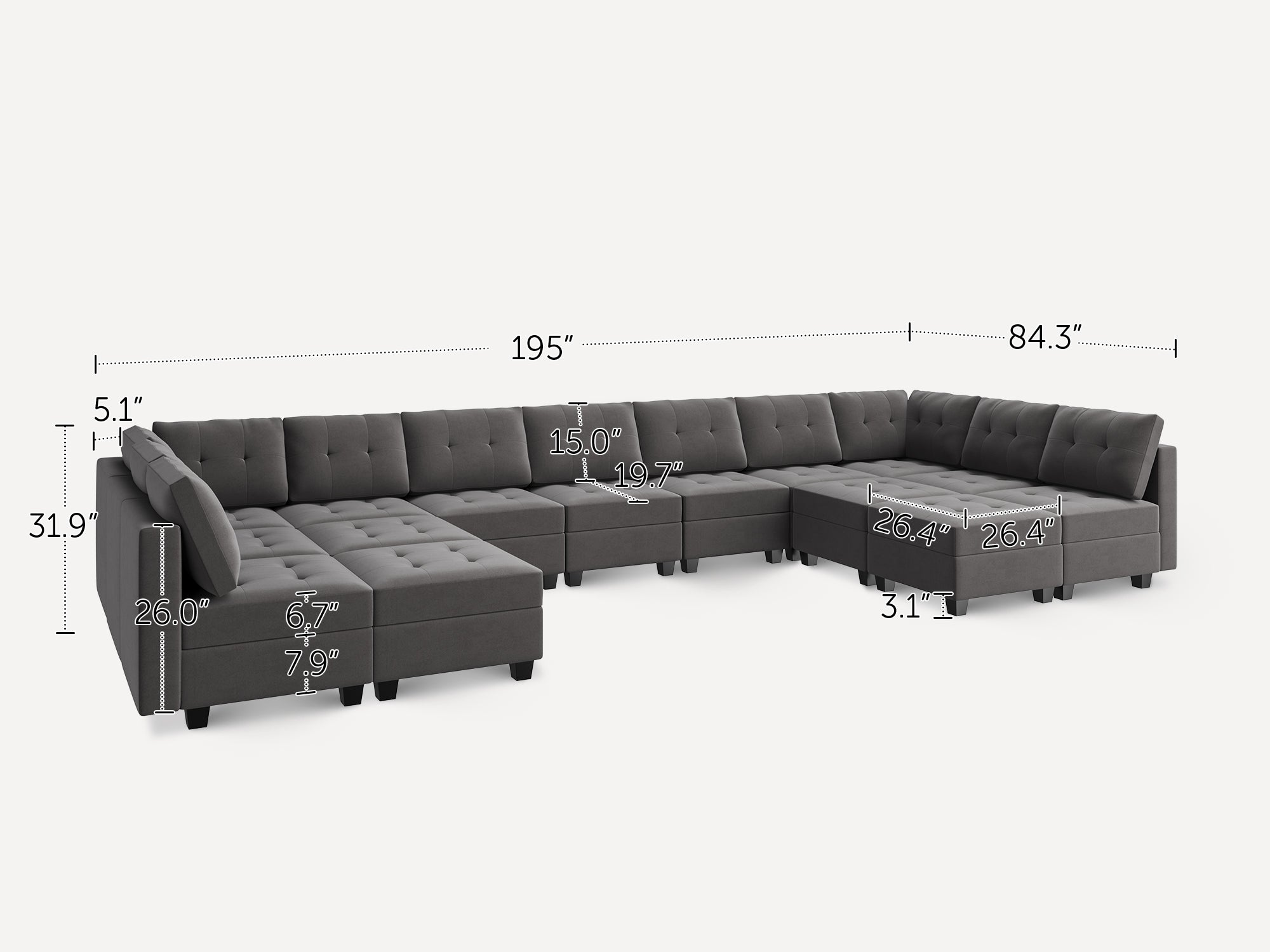 HONBAY 15-Piece Velvet Modular Sleeper Sectional Sofa With Storage Seat