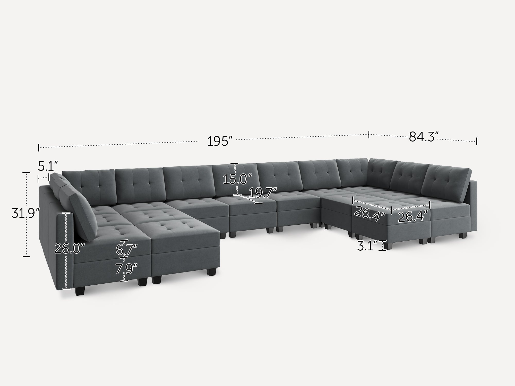 HONBAY 15-Piece Velvet Modular Sleeper Sectional With Storage Seat