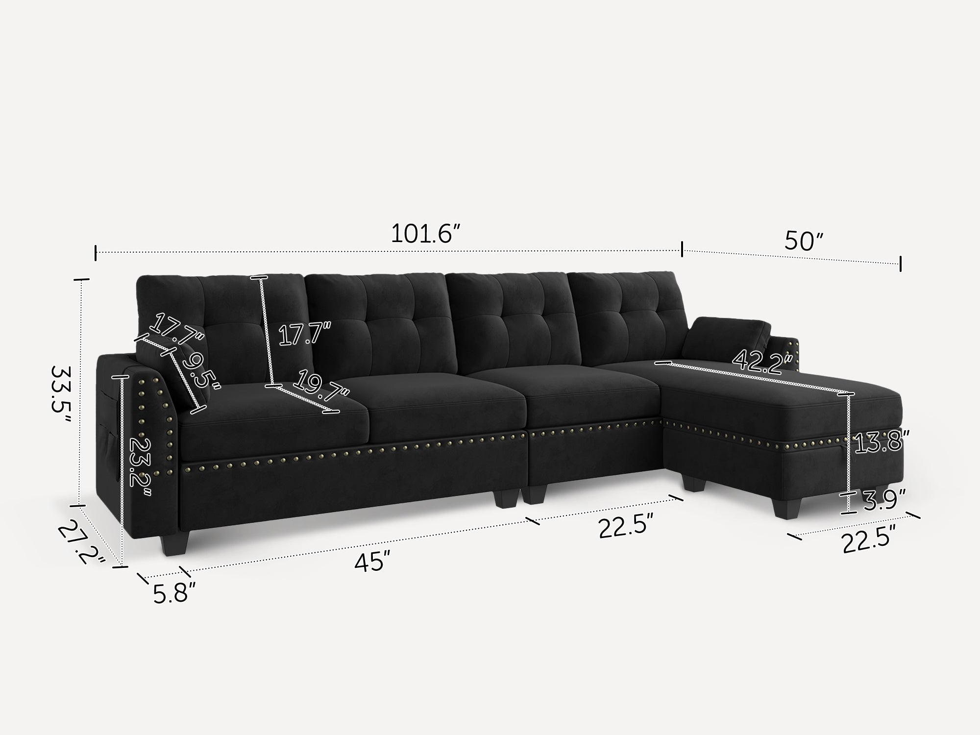 4-Piece Velvet Convertible Sectional
with Dimensions