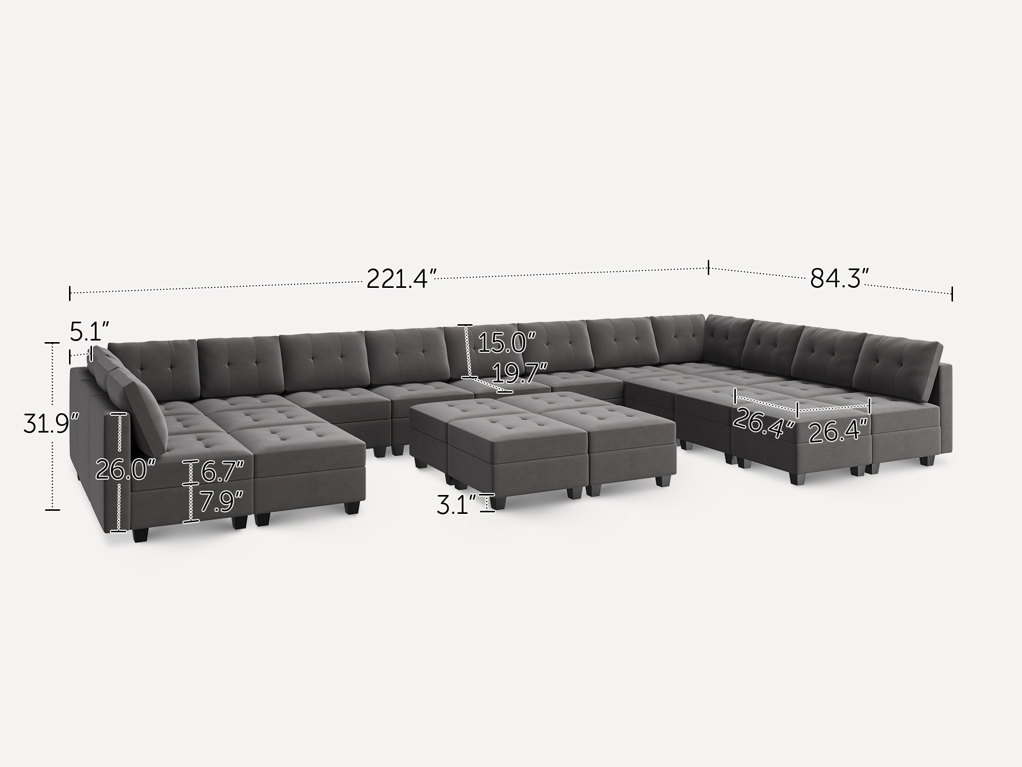 HONBAY 22-Piece Velvet Modular Sleeper Sectional With Storage Seat