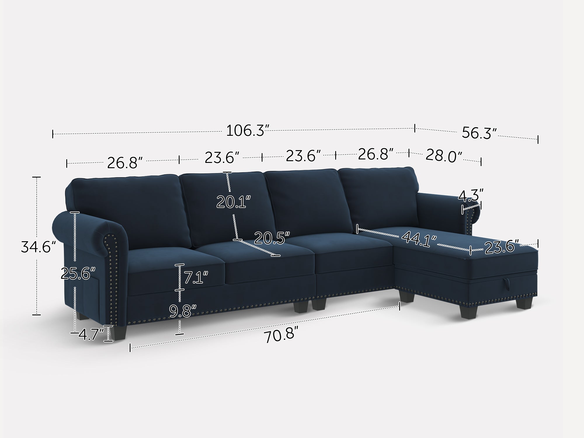 4-Piece Velvet Convertible Sectional With Dimensions