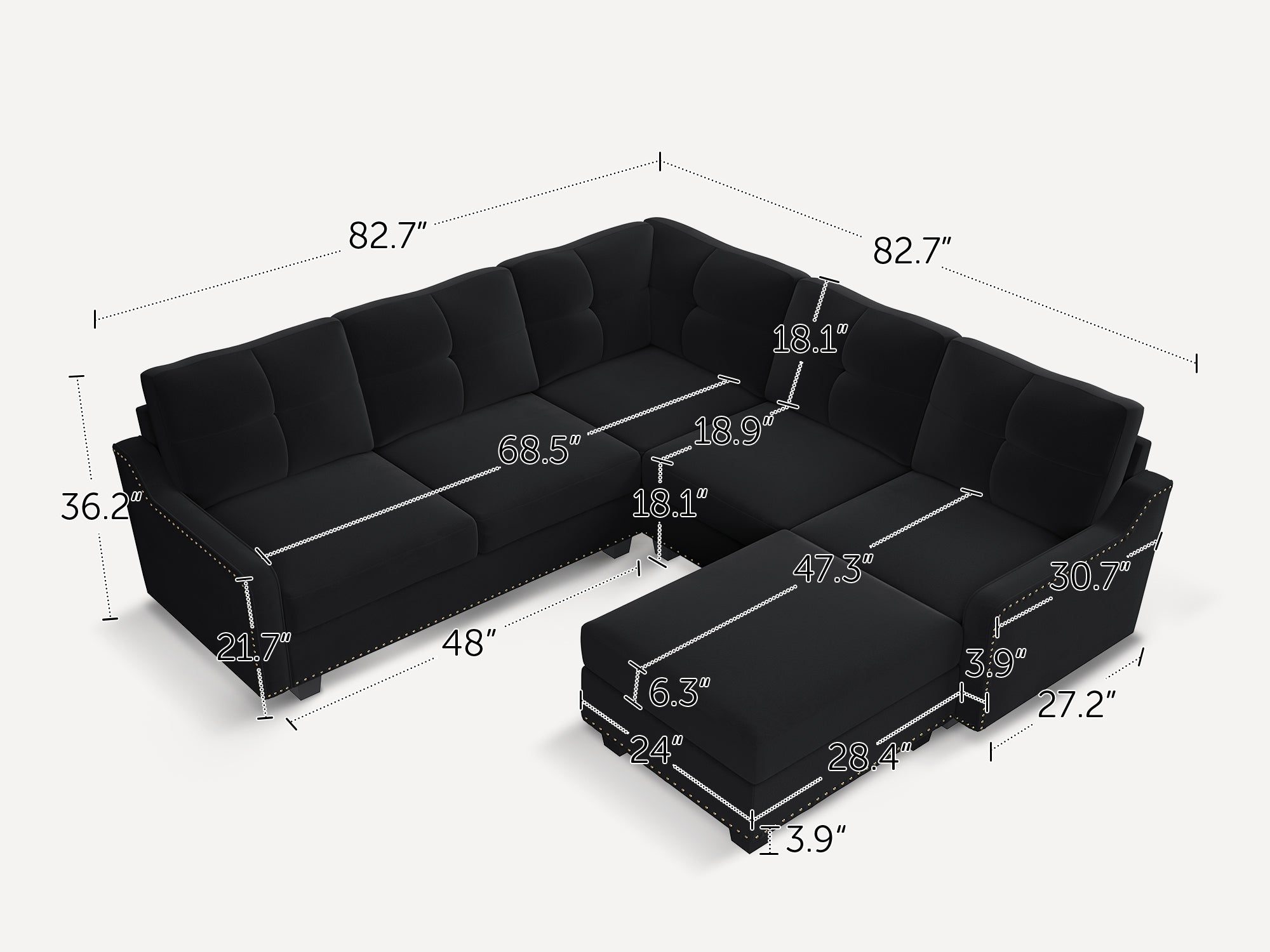 6-Piece Velvet Convertible Sectional With Tray Ottoman With Dimensions