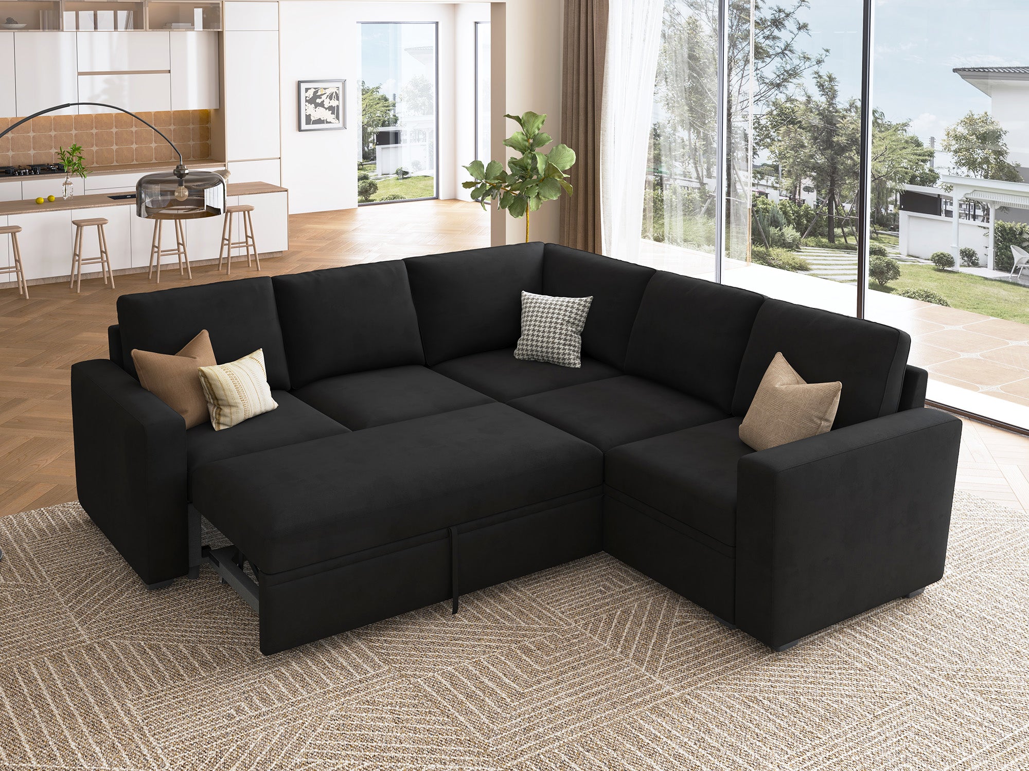 HONBAY 5-Piece Velvet Modular Sleeper Sectional With Storage Space