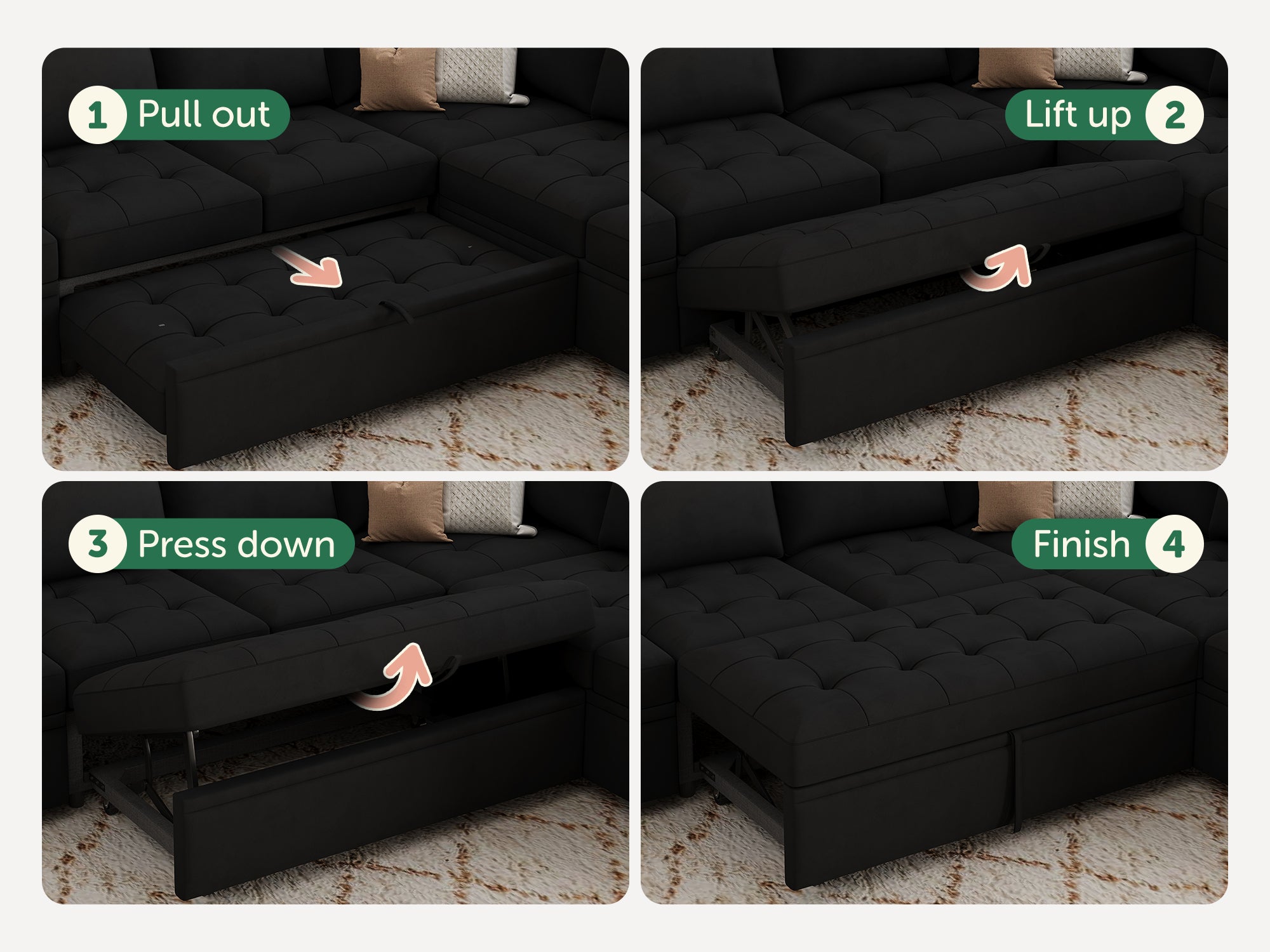 HONBAY Sleep Modular Sofa 6-Seat Sofa Bed with 4-Storage Space #Color_Black Style II