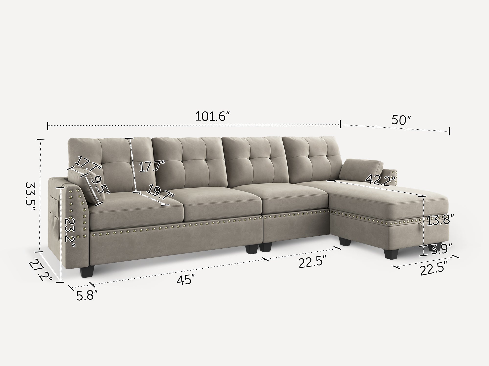 4-Piece Velvet Convertible Sectional With dimensions