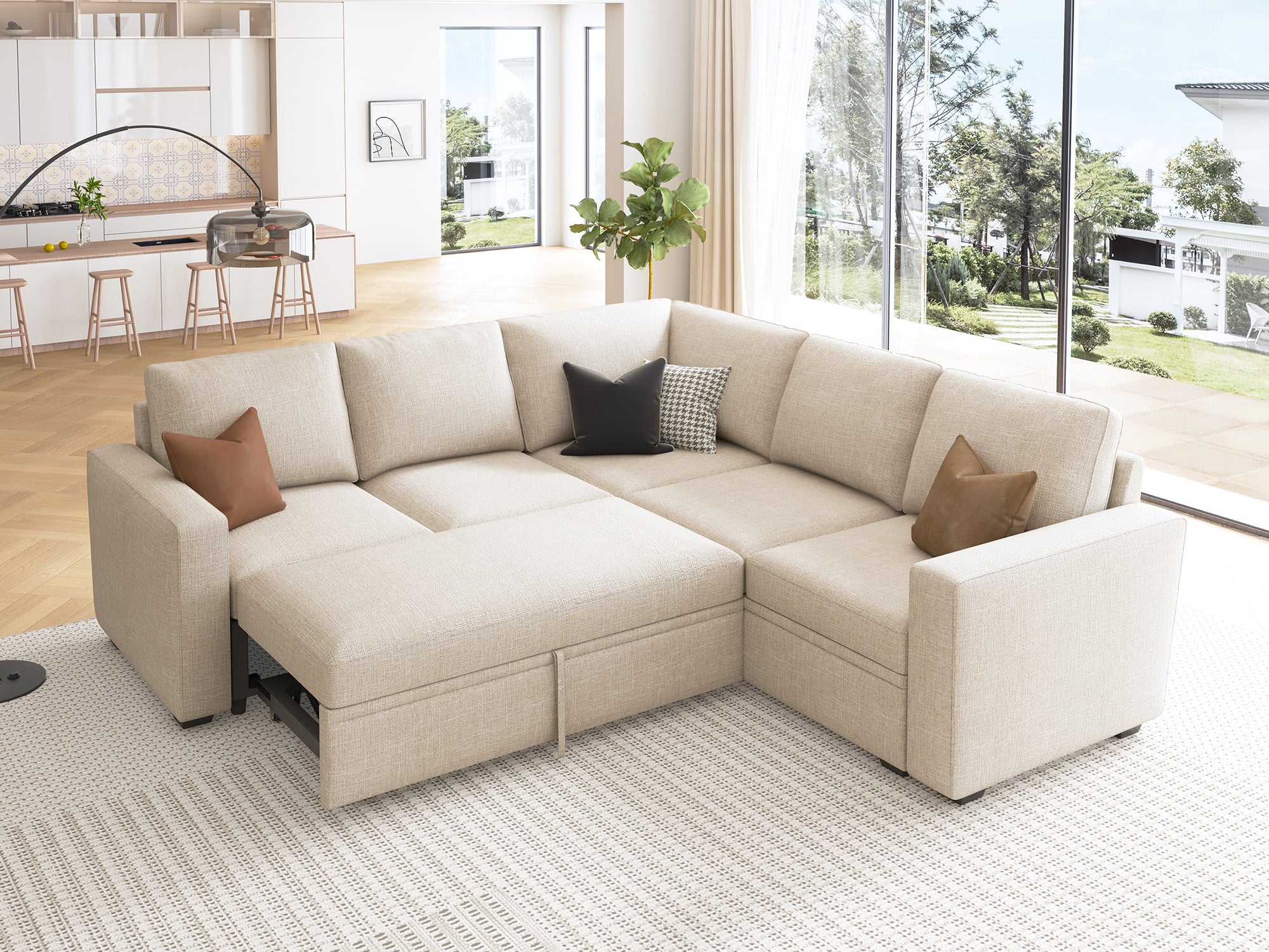 HONBAY 5-Piece Polyester Modular Sleeper Sectional With Storage Space #Color_Beige