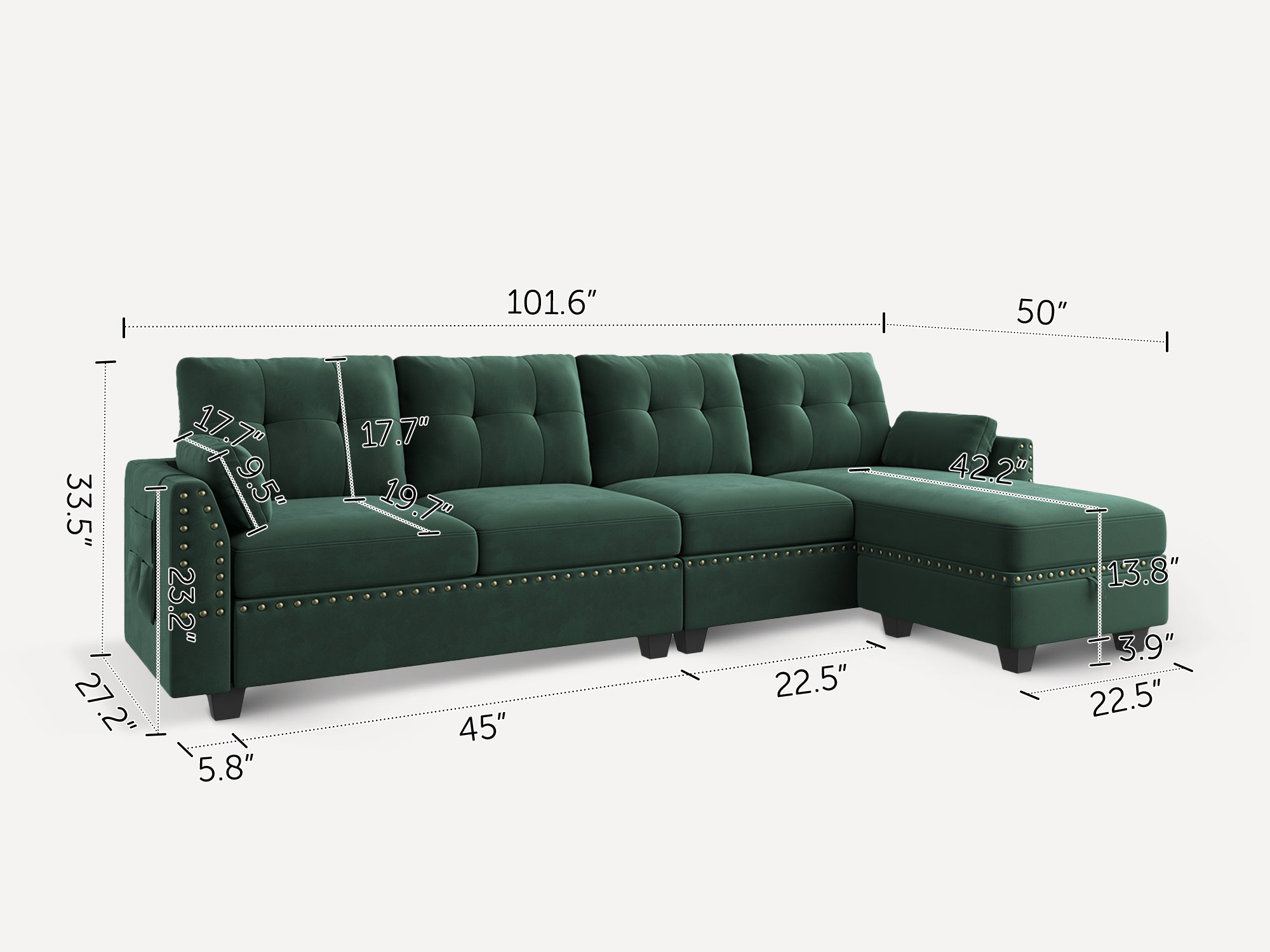 4-Piece Velvet Convertible Sectional
With Dimensions