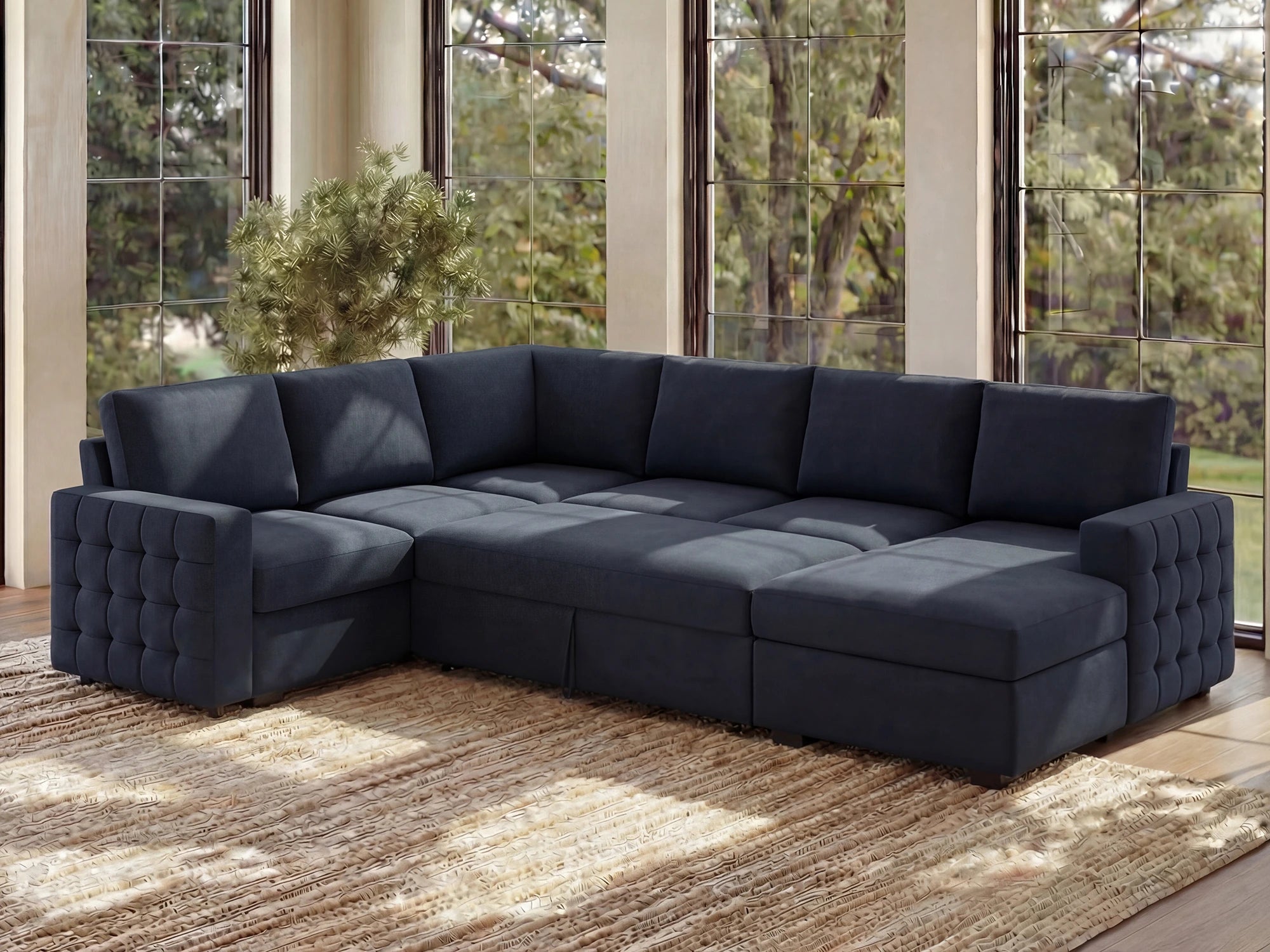HONBAY 6-Piece Velvet Sleeper Sectional With Storage Space #Color_Dark Blue