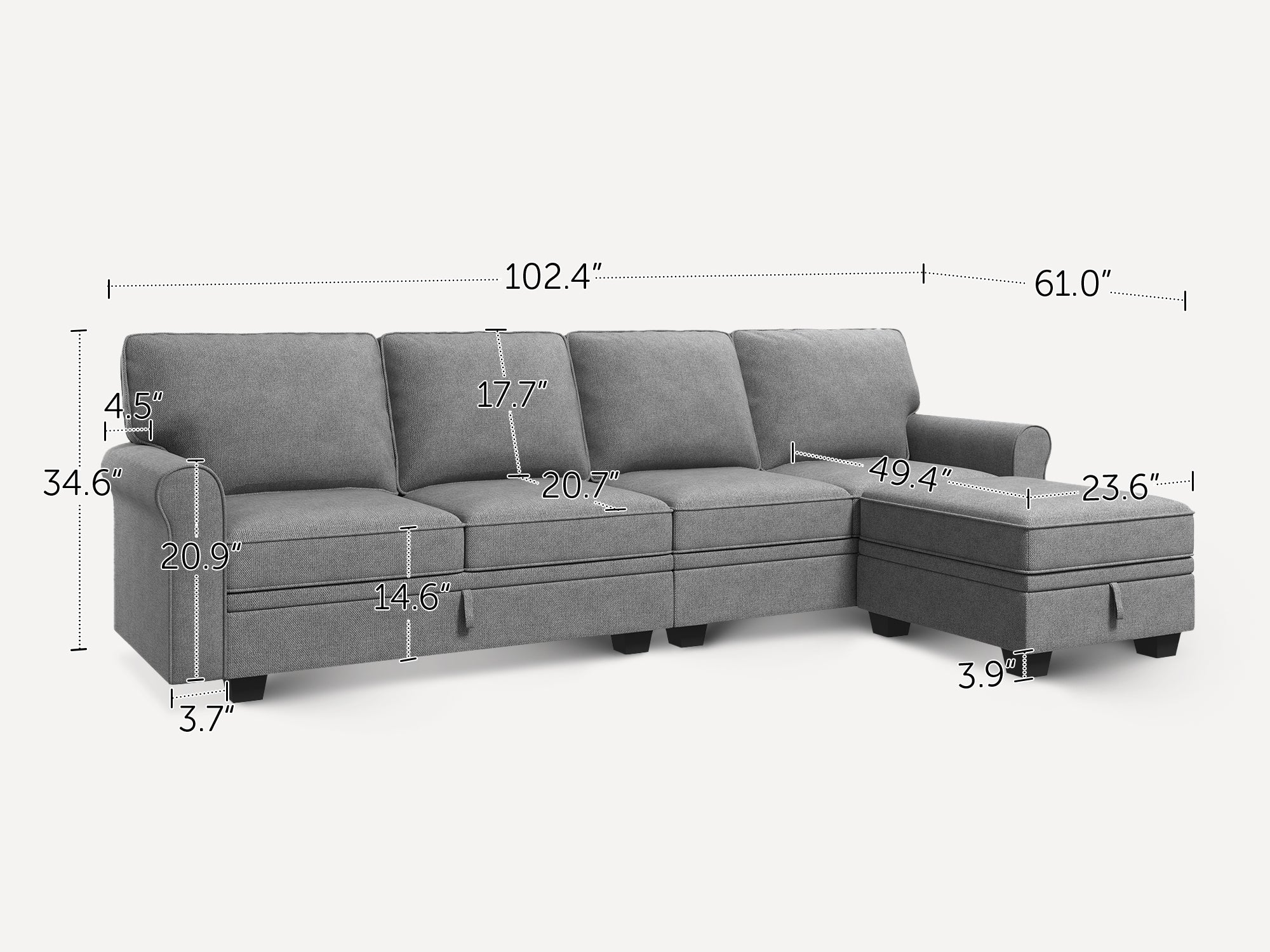 5-Piece Polyester Convertible Sectional With Storage Seat With Dimensions