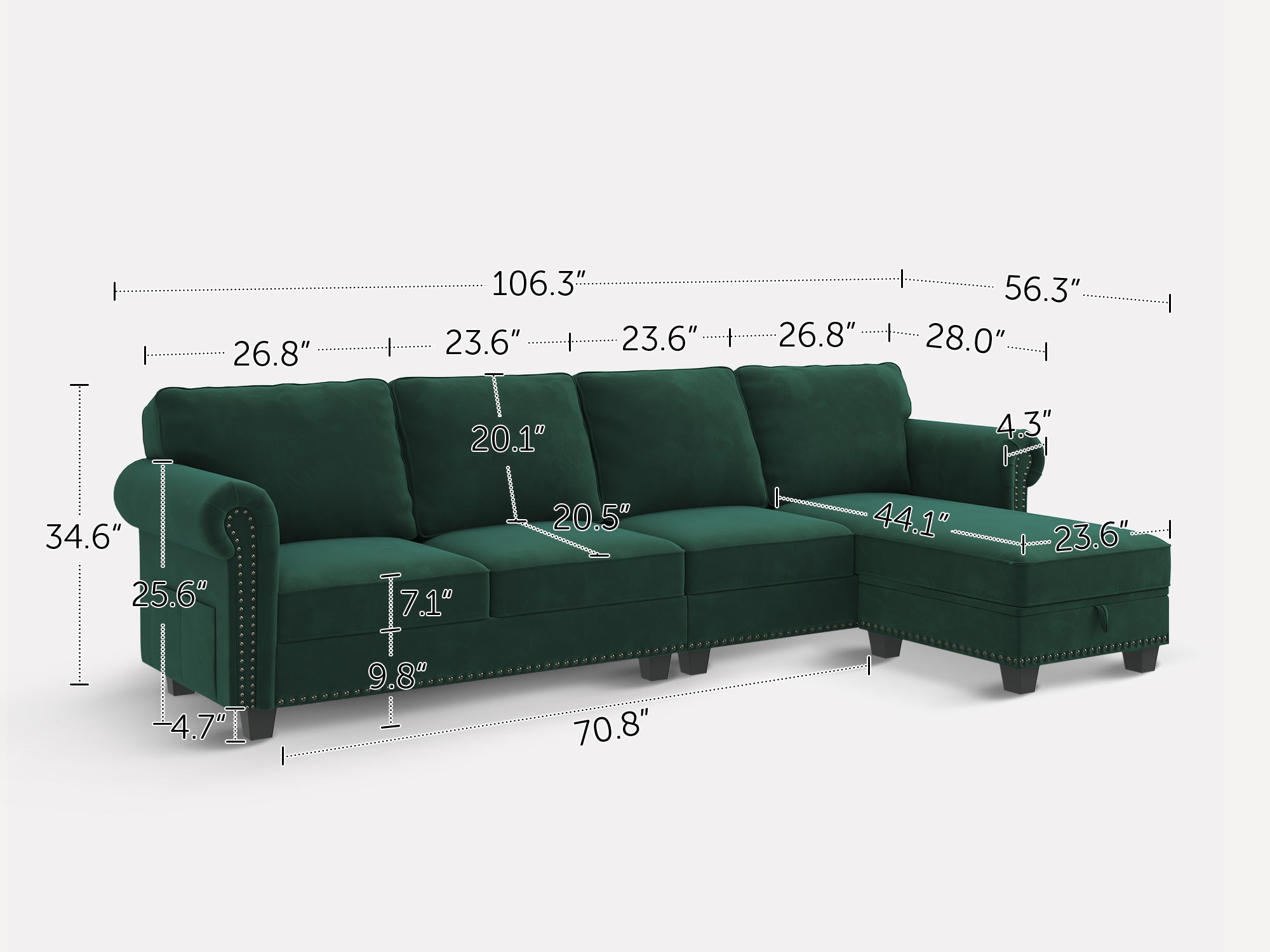 4-Piece Velvet Convertible Sectional With Dimensions