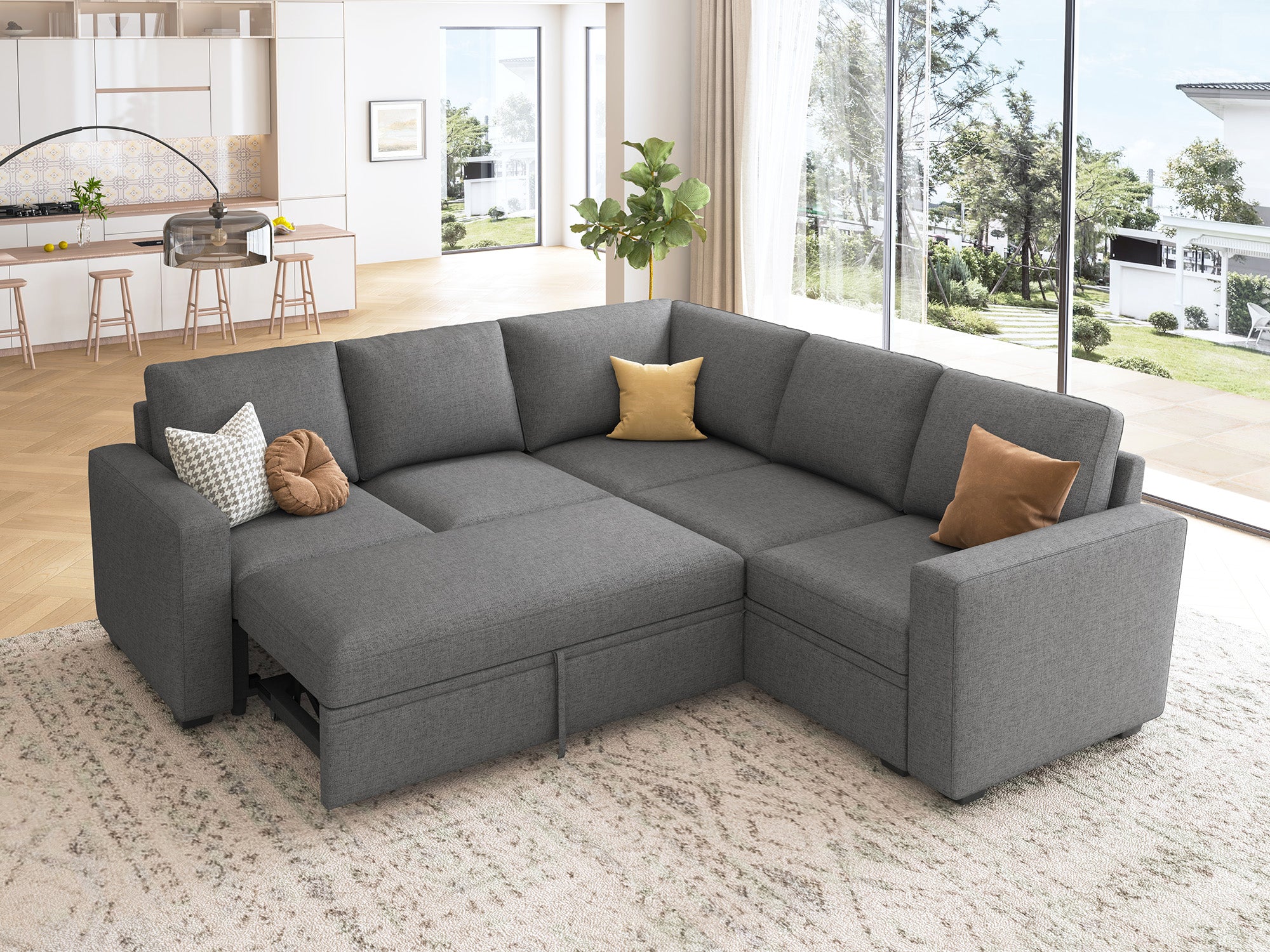 HONBAY 5-Piece Polyester Modular Sleeper Sectional With Storage Space #Color_Dark Grey