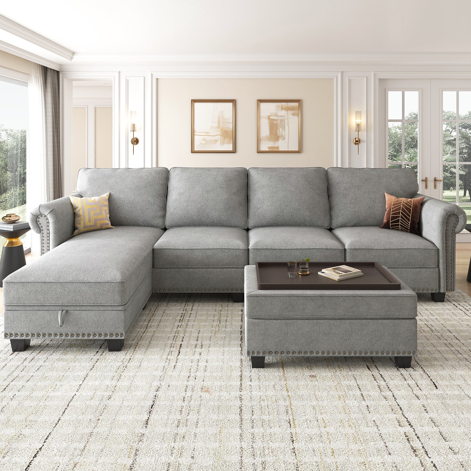 NOLANY 5-Piece Polyester Convertible Sectional With Tray Ottoman