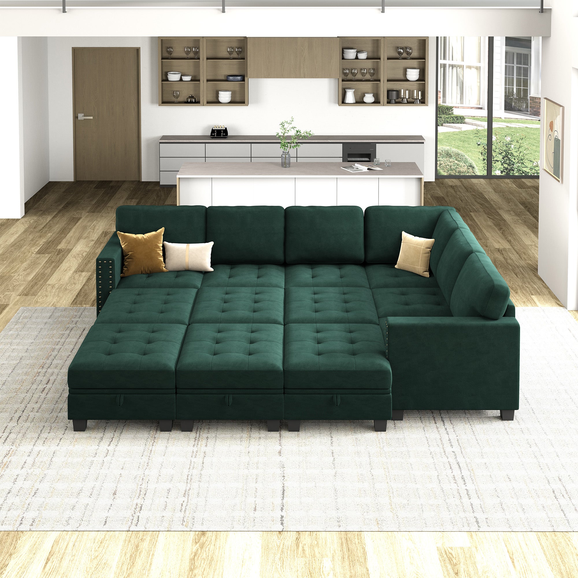 HONBAY Wraparound Modular Sofa 12-Seat With 5-Storage Space+1-Left Arm+1-Right Arm #Color_Green