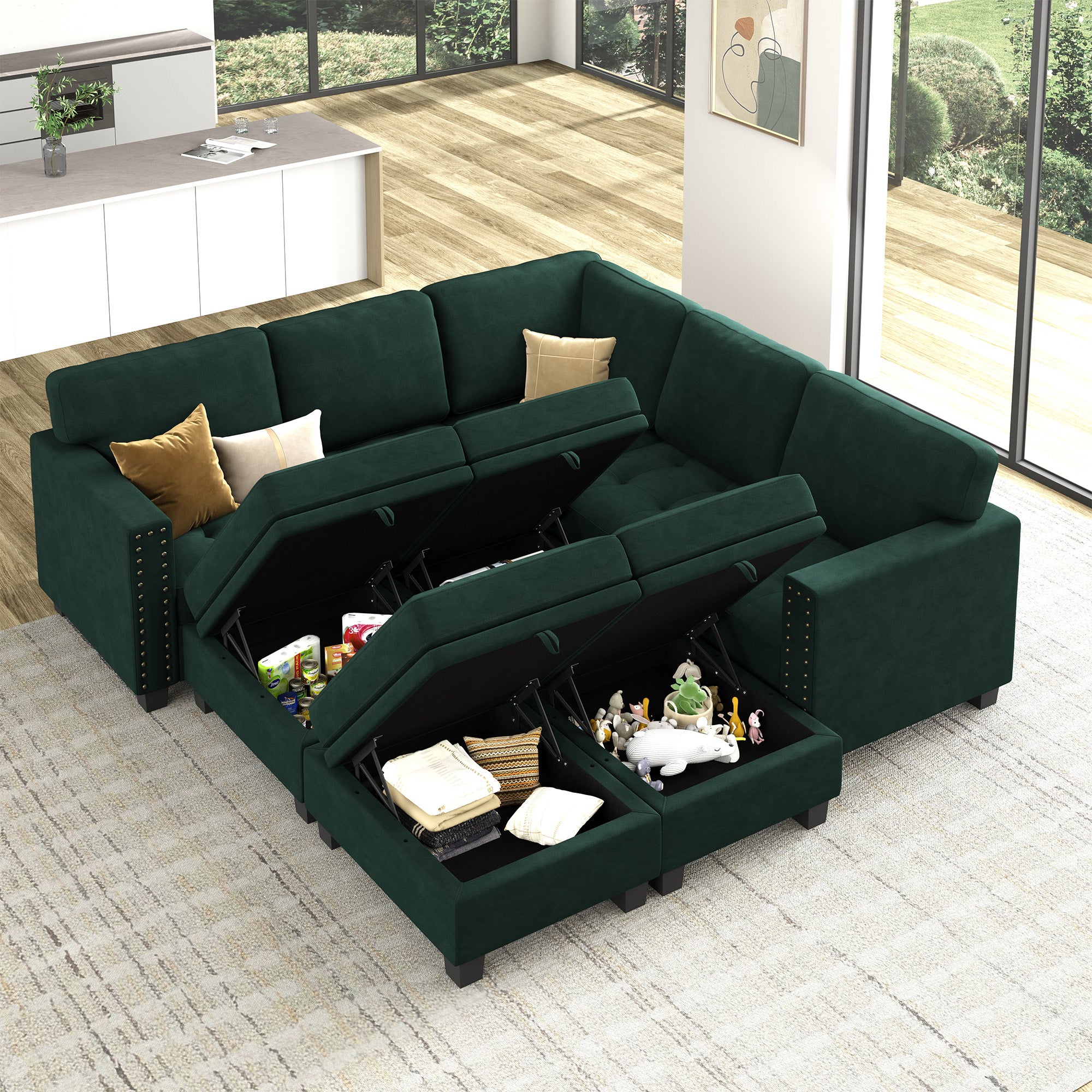 HONBAY Wraparound Modular Sofa 9-Seat With 4-Storage Space+1-Left Arm+1-Right Arm #Color_Green