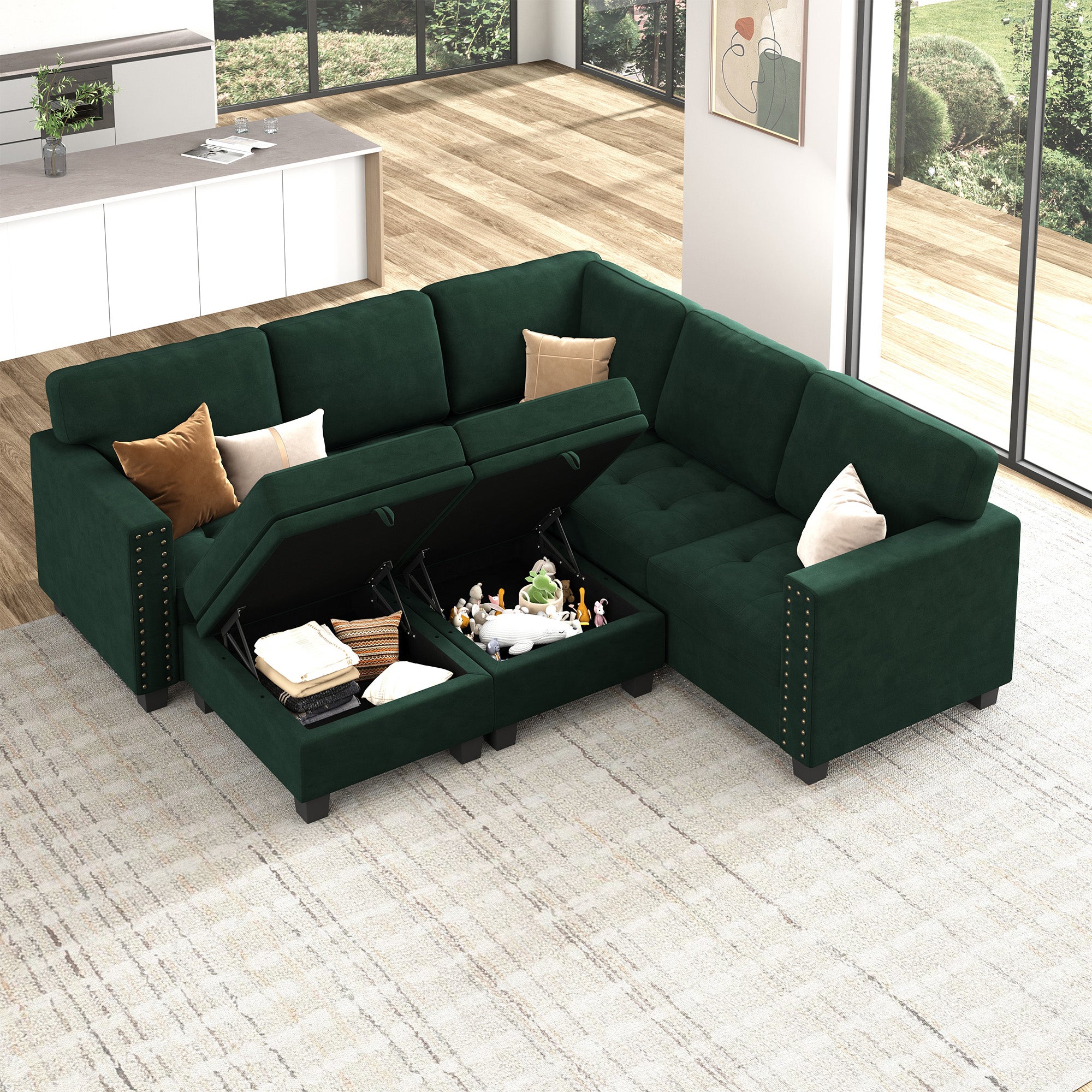 HONBAY Wraparound Modular Sofa 7-Seat With 2-Storage Space+1-Left Arm+1-Right Arm #Color_Green