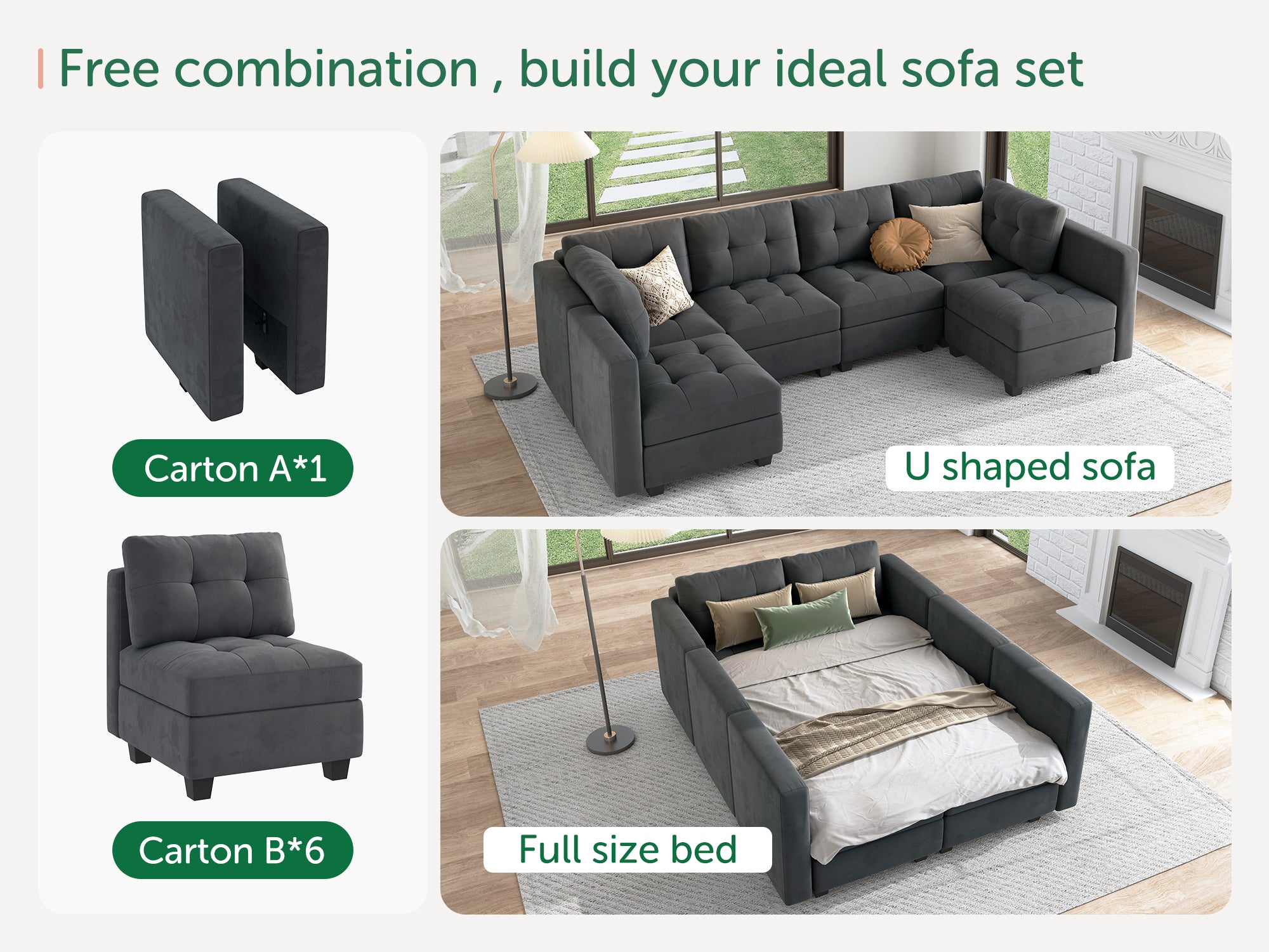 HONBAY 6-Piece Velvet Modular Sectional With Storage Seat