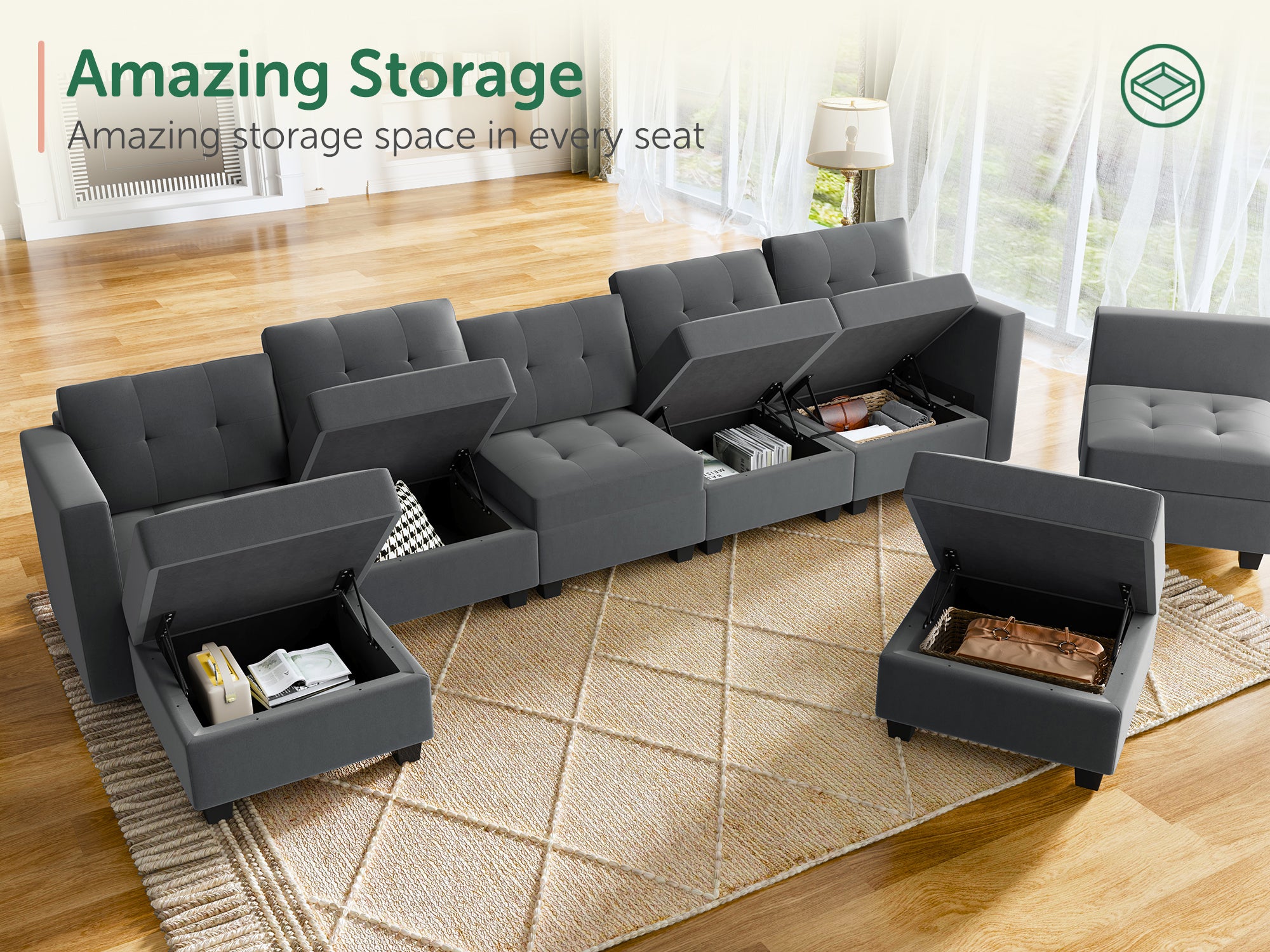 HONBAY 8-Piece Velvet Modular Sectional With Storage Seat