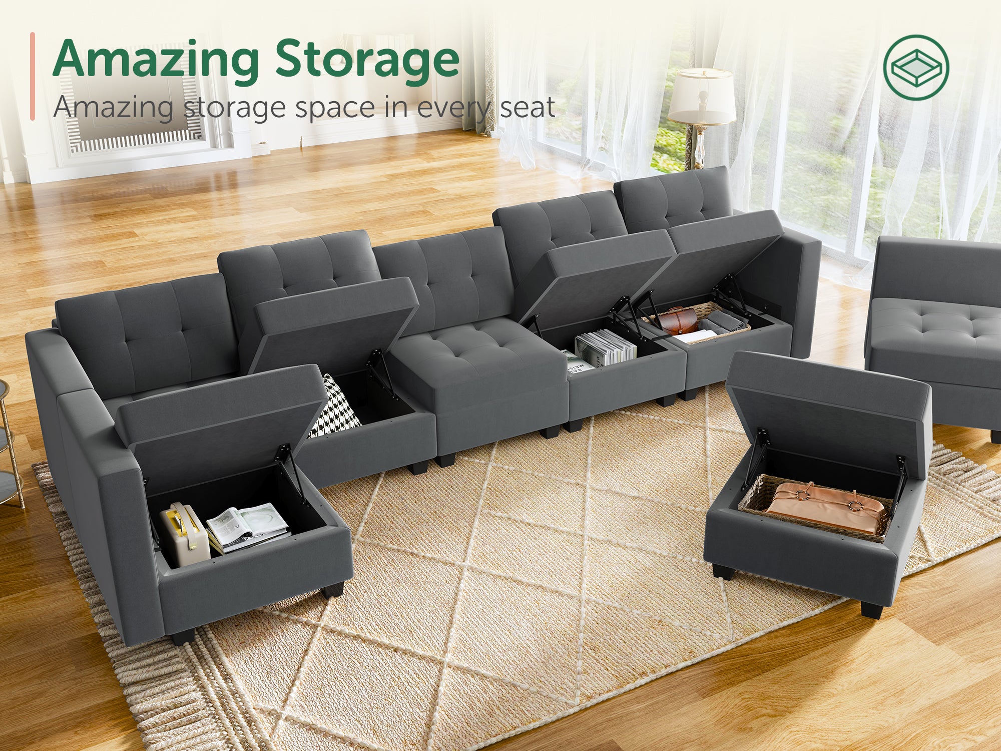 HONBAY 7-Piece Velvet Modular Sectional Sofa With Storage Seat