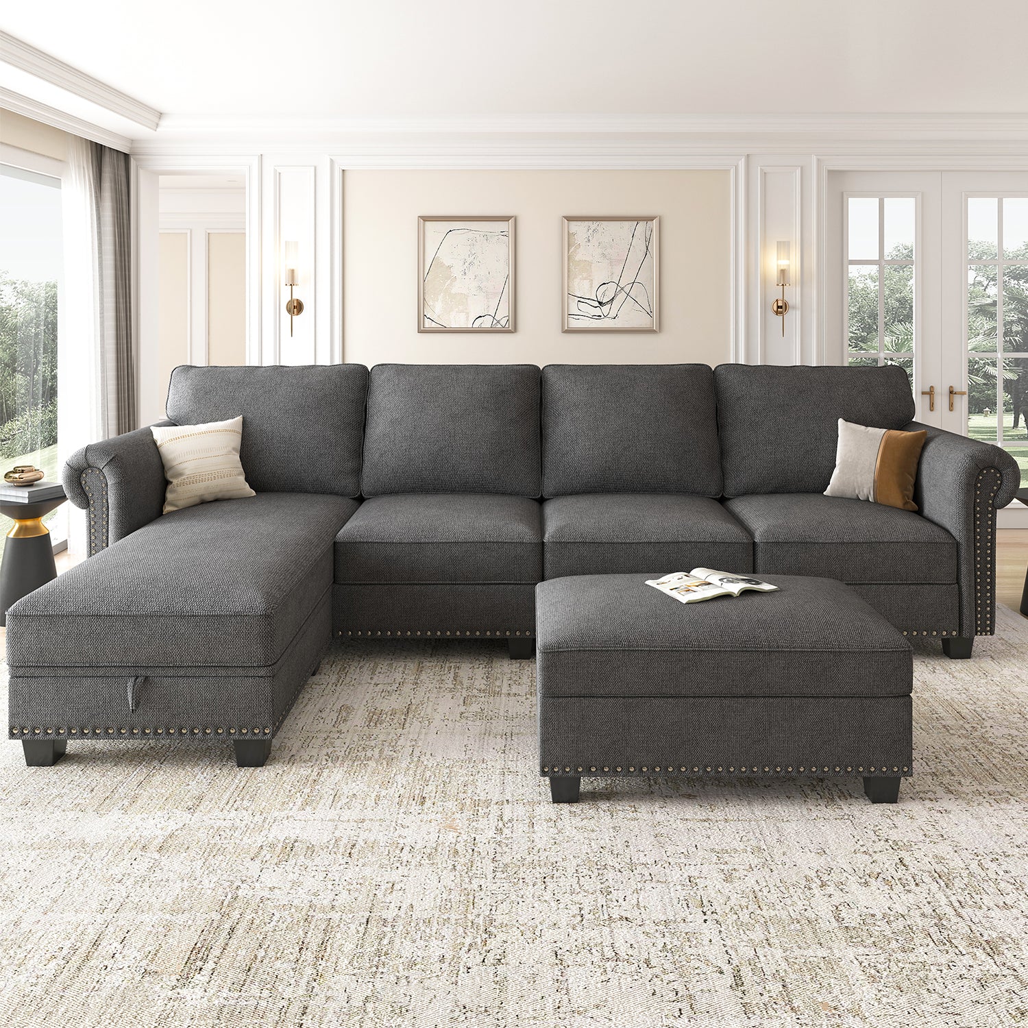 NOLANY Fabric 4 Seaters L-Shaped Sectional Sofa with Storage Ottoman