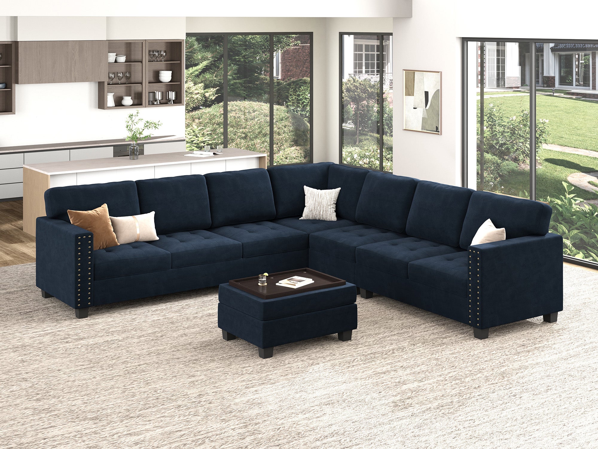 HONBAY 7-Piece Velvet Modular Sectional Sofa With Storage Ottoman