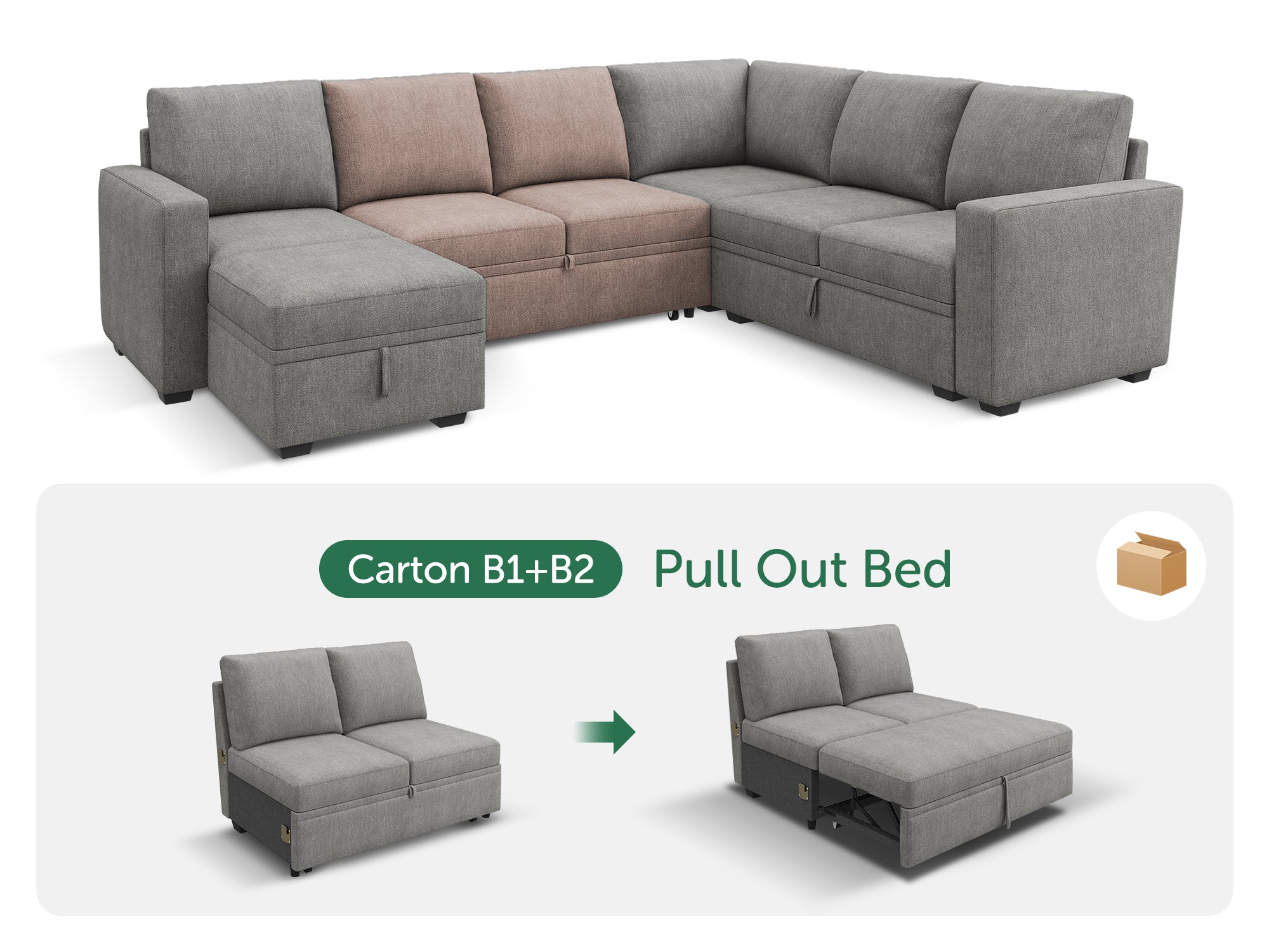 HONBAY 1 Piece Modular Sectional Pull Out Bed #Color_Warm Grey