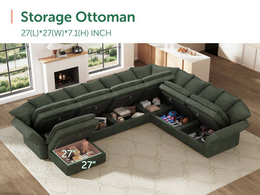HONBAY 7-Piece Plush double-layer Cushion Corduroy Modular U-Shaped Sectional Cloud Sofa
#Color_Corduroy Green