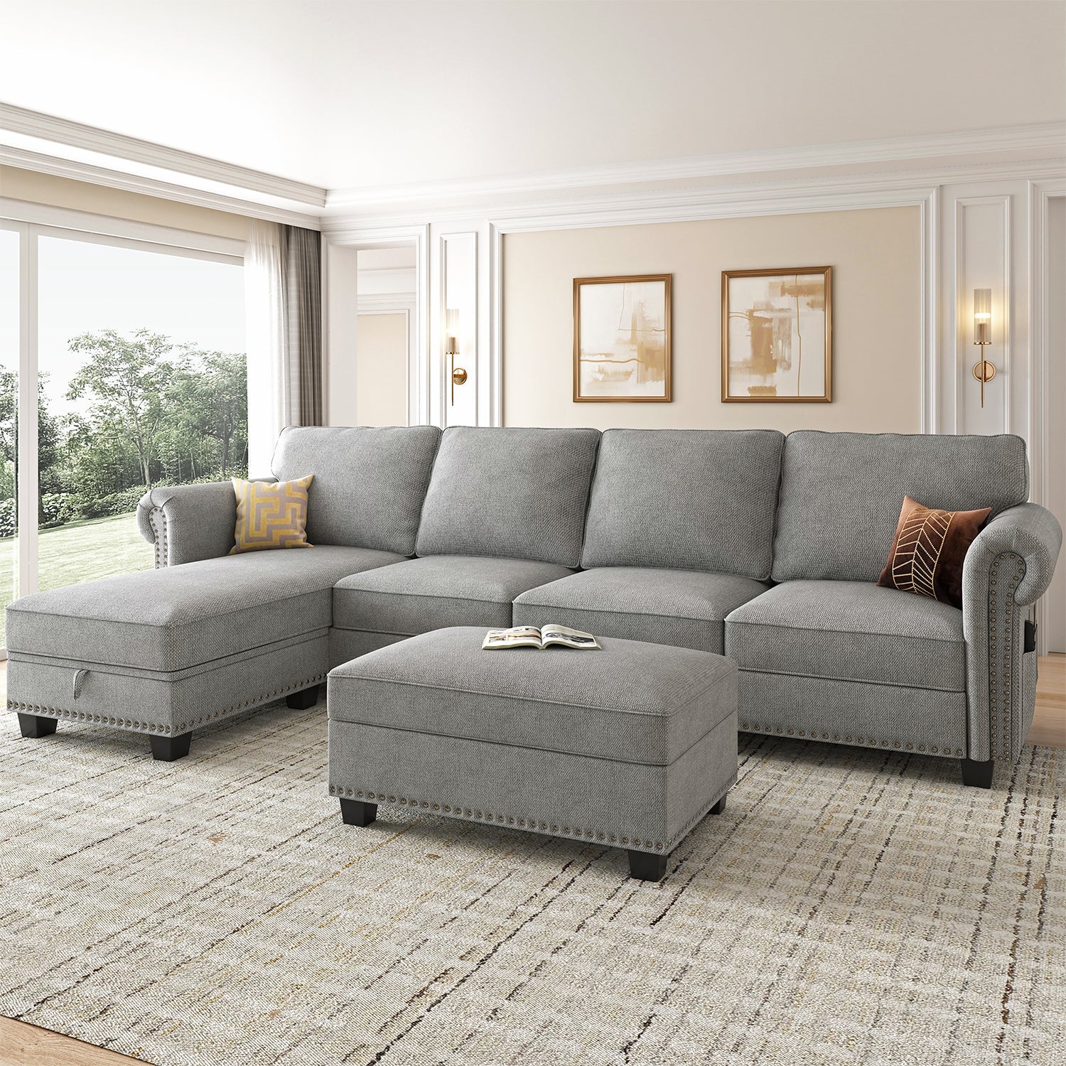 NOLANY 5-Piece Polyester Convertible Sectional With Storage Ottoman