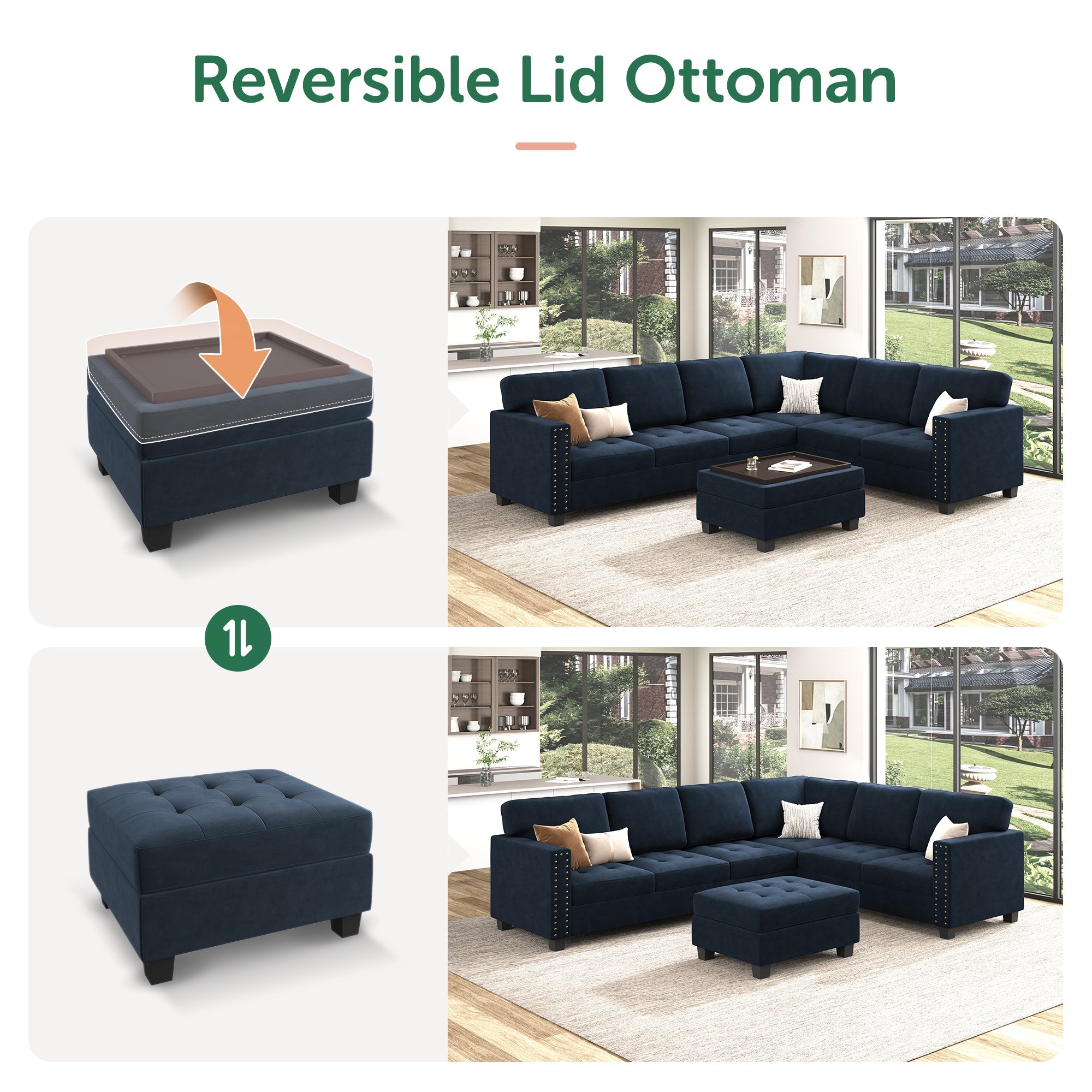 HONBAY Velvet U-Shaped Corner Sectional Sofa with Reversible Storage Lid Ottoman #Color_Dark Blue
